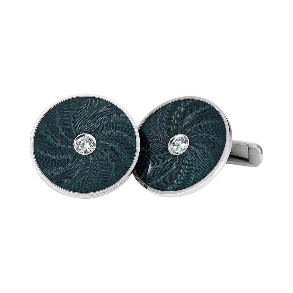 Victor Mayer Globetrotter Round Cufflinks 18k White Gold with Diamonds & Enamel For Sale