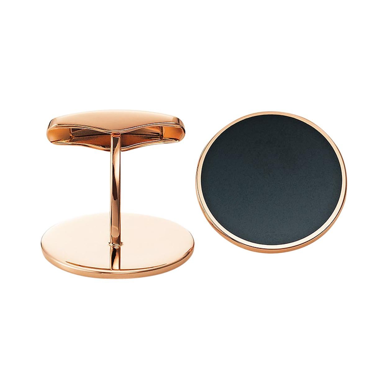 Victor Mayer Cufflinks Globetrotter Round 18k Rose Gold with Black Enamel Ø 20mm For Sale