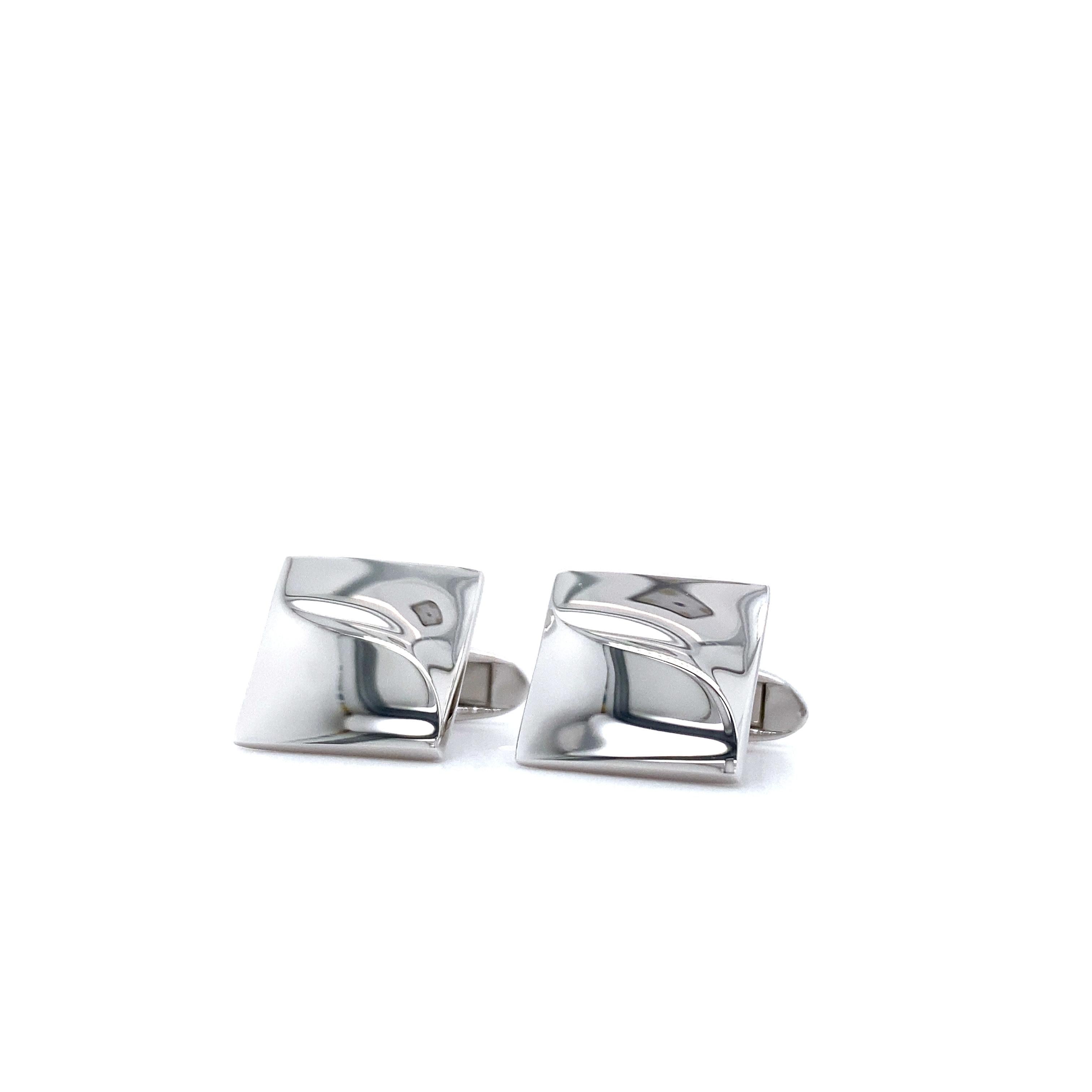 Women's or Men's Square Cufflinks with Design Facet in Solid 925 Sterling Silver, Rhodium Plated For Sale