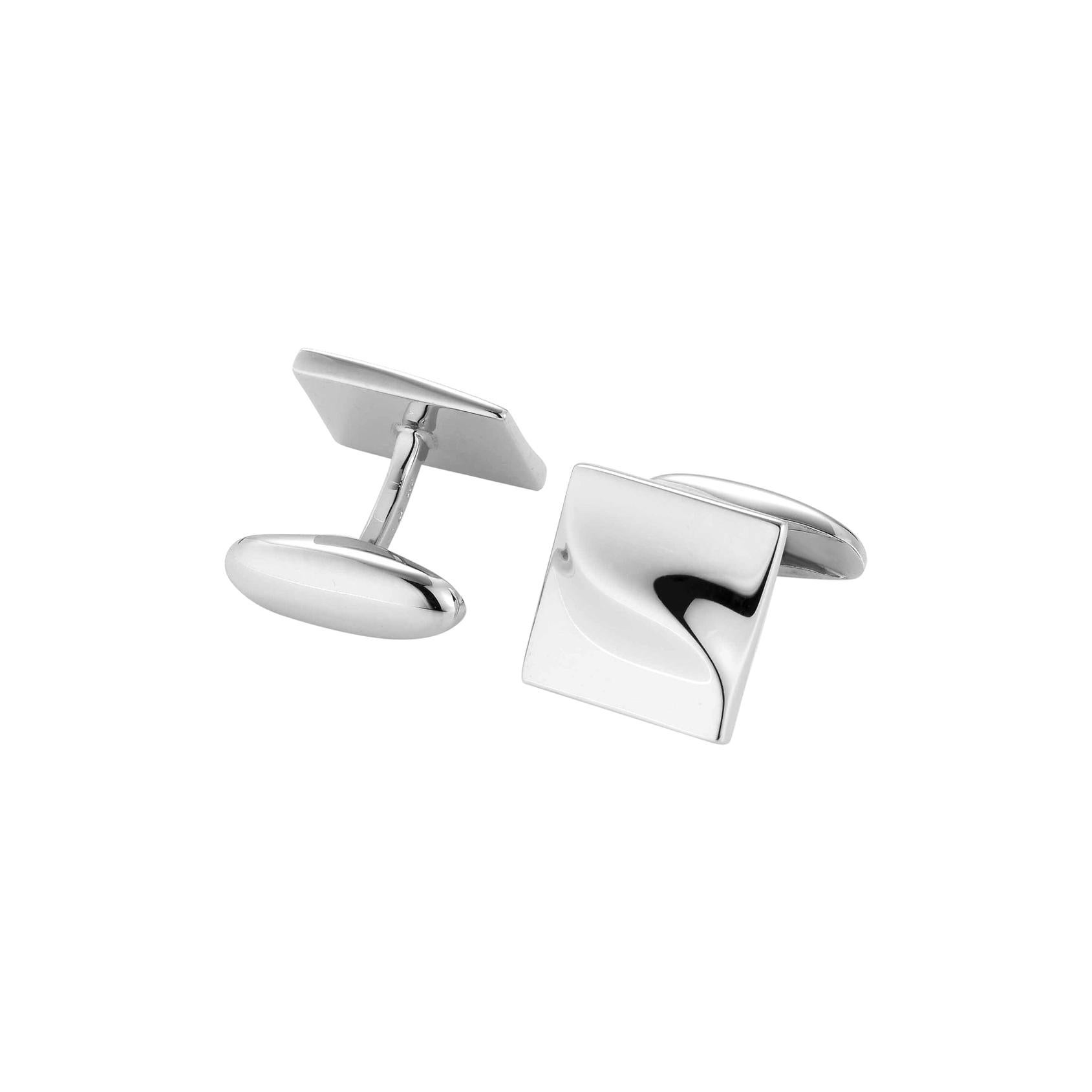 Square Cufflinks with Design Facet in Solid 925 Sterling Silver, Rhodium Plated For Sale