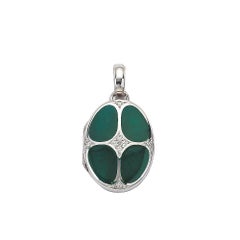 Oval Locket Pendant 18k White Gold Emerald Green Enamel 8 Diamonds 0.16 ct H VS