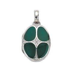 Oval Locket Pendant 18k White Gold Emerald Green Enamel 8 Diamonds 0.16 ct H VS