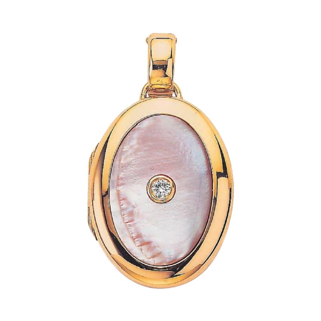 Customizable Oval Locket Pendant 18k Rose Gold 1 Diamond 0.10 ct H VS Pink Pearl For Sale 1