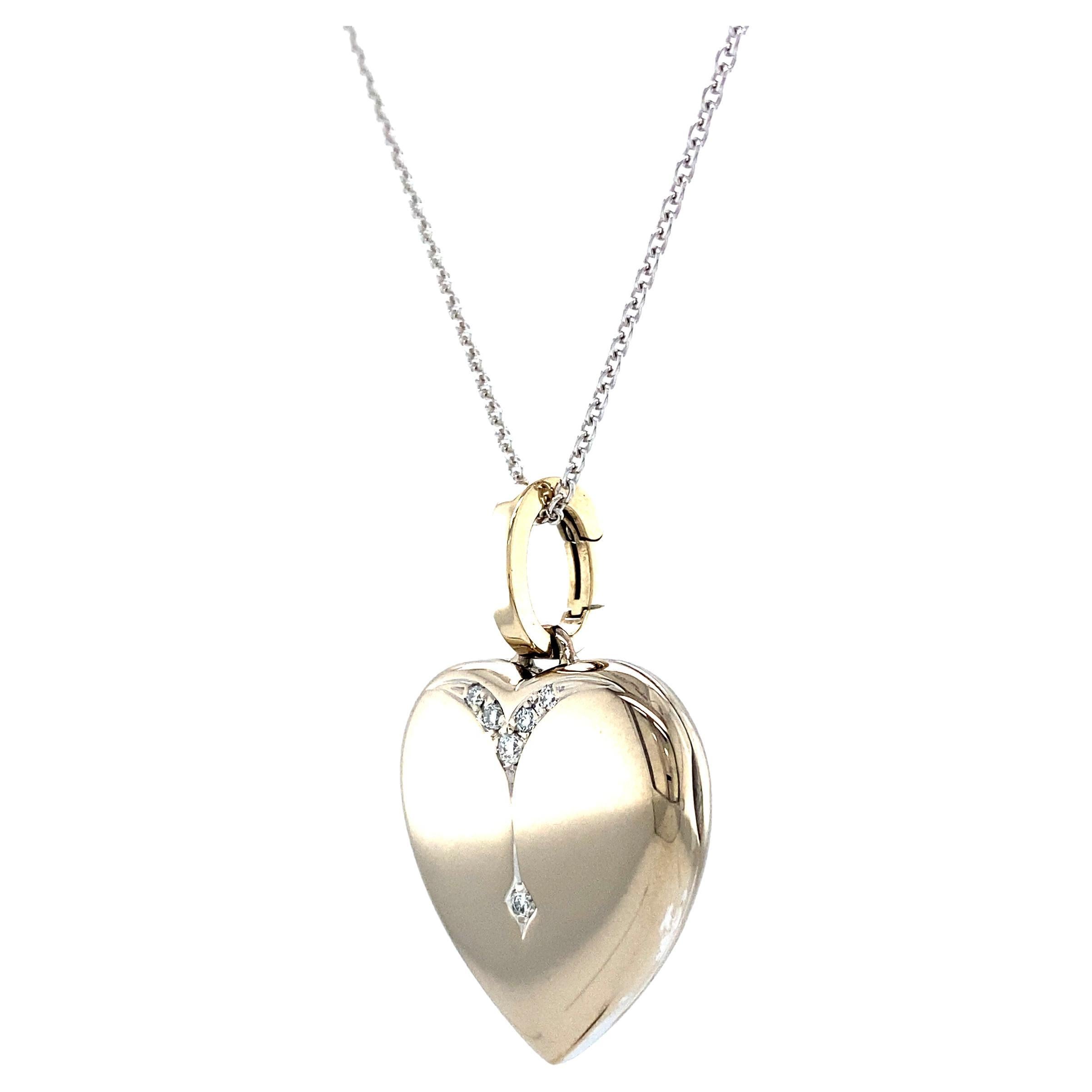 Polished Heart Locket Pendant 18k White Gold 6 Diamonds 0.09ct HVS 23 mm x 25 mm For Sale