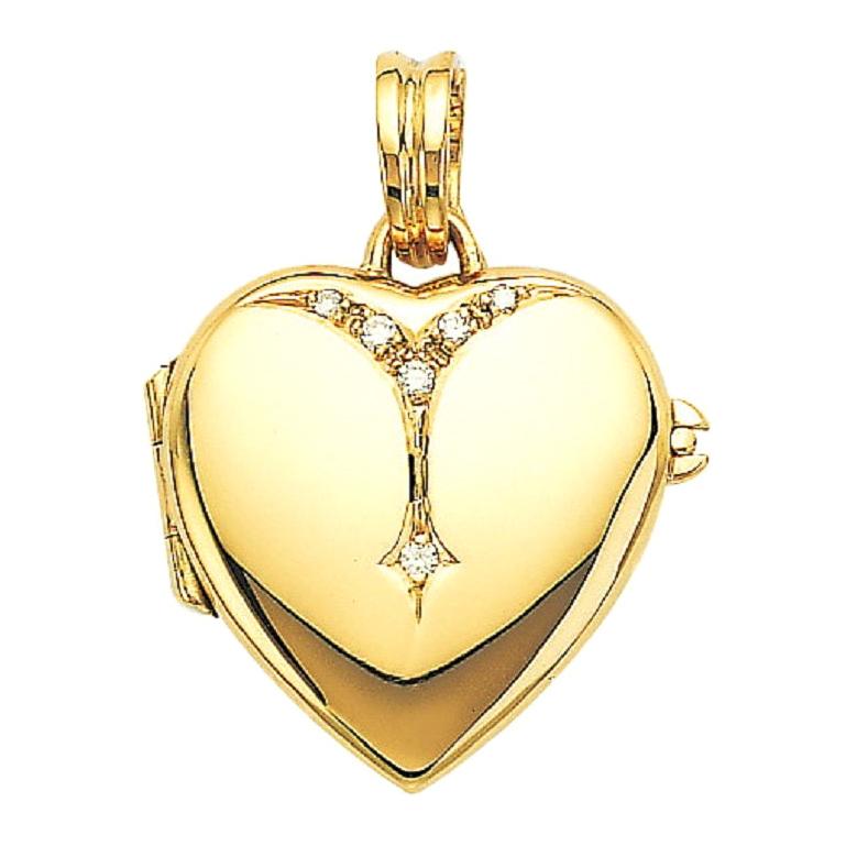 Herz-Medaillon-Anhänger – poliertes 18 Karat Gelbgold – 6 Diamanten 0,09 Karat – zwei Pics