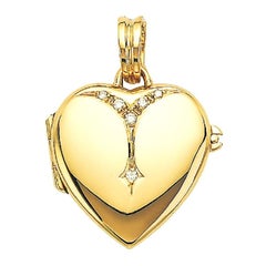 Heart Locket Pendant - Polished 18k Yellow Gold - 6 Diamonds 0.09 ct - Two Pics