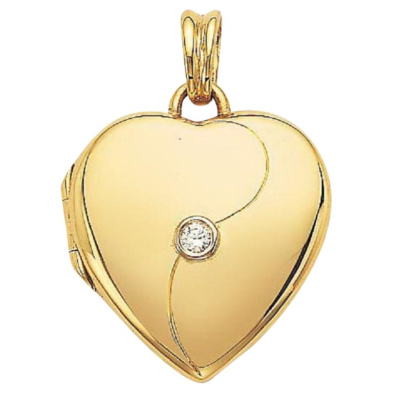 Médaillon pendentif personnalisable en forme de cœur en or jaune 18 carats avec 1 diamant 0,06 carat H VS en vente
