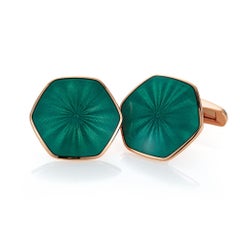 Victor Mayer Hexagonal Cufflinks 18k Rose Gold Turquoise Green Guilloche Enamel