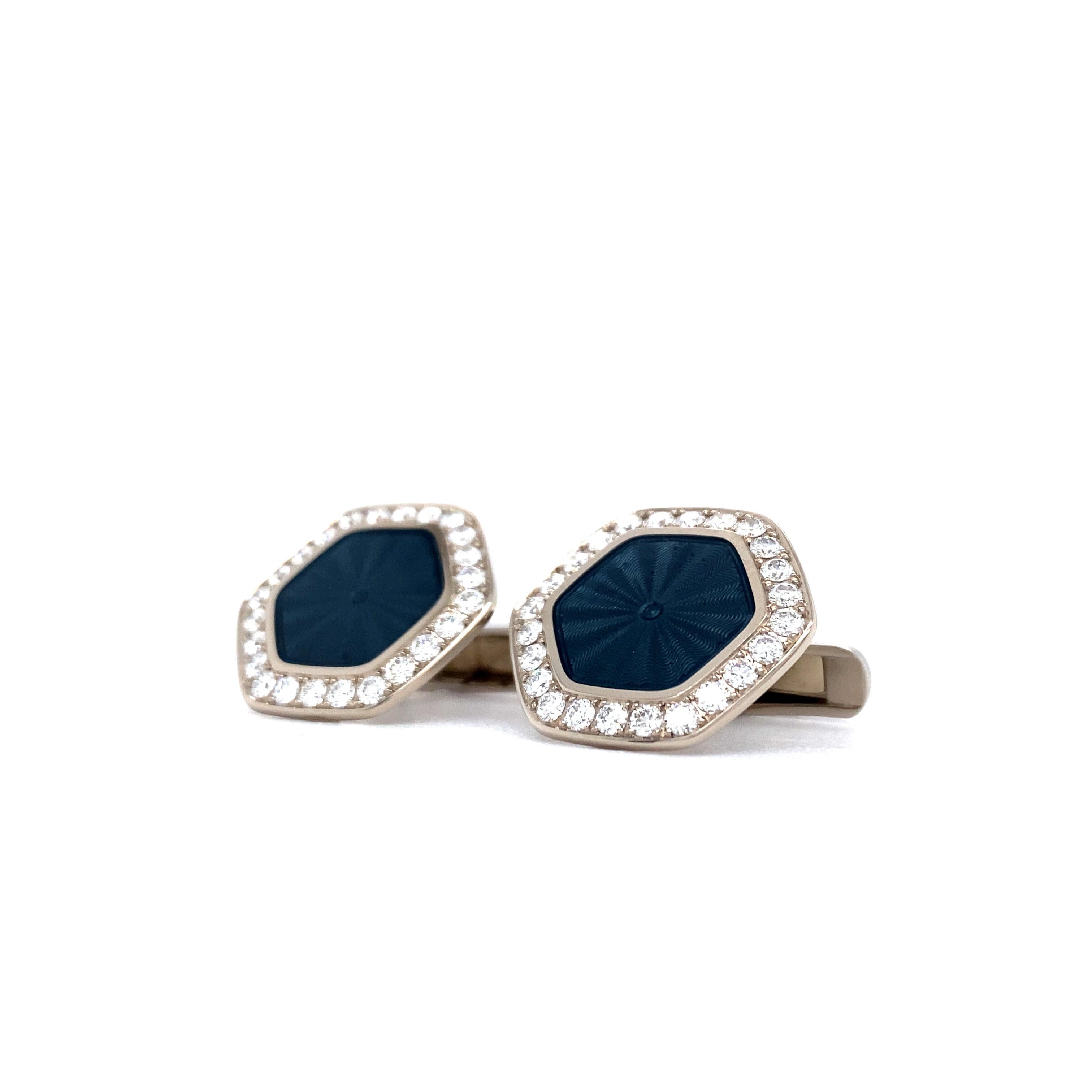 Boutons de manchette hexagonaux Victor Mayer, 18 carats WG, émail guilloché gris et diamants 1,44 carat Pour hommes en vente