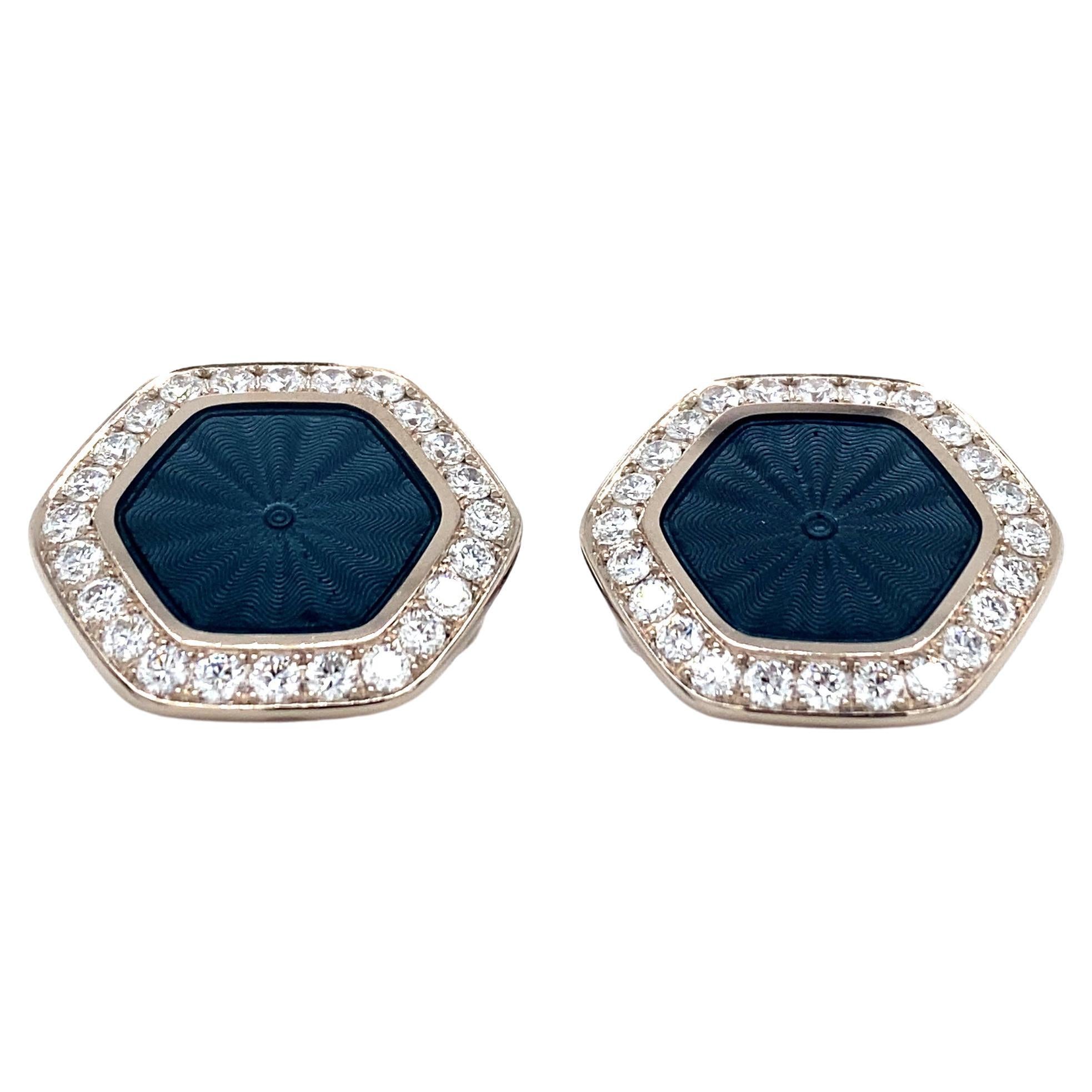 Gemelos hexagonales Victor Mayer, GT 18k, esmalte guilloché gris Diamantes 1,44 ct