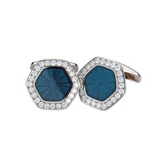 Victor Mayer Hexagonal Cufflinks 18k WG Blue Guilloche Enamel Diamonds 1.44 ct