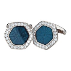 Victor Mayer Hexagonal Cufflinks 18k WG Blue Guilloche Enamel Diamonds 1.44 ct