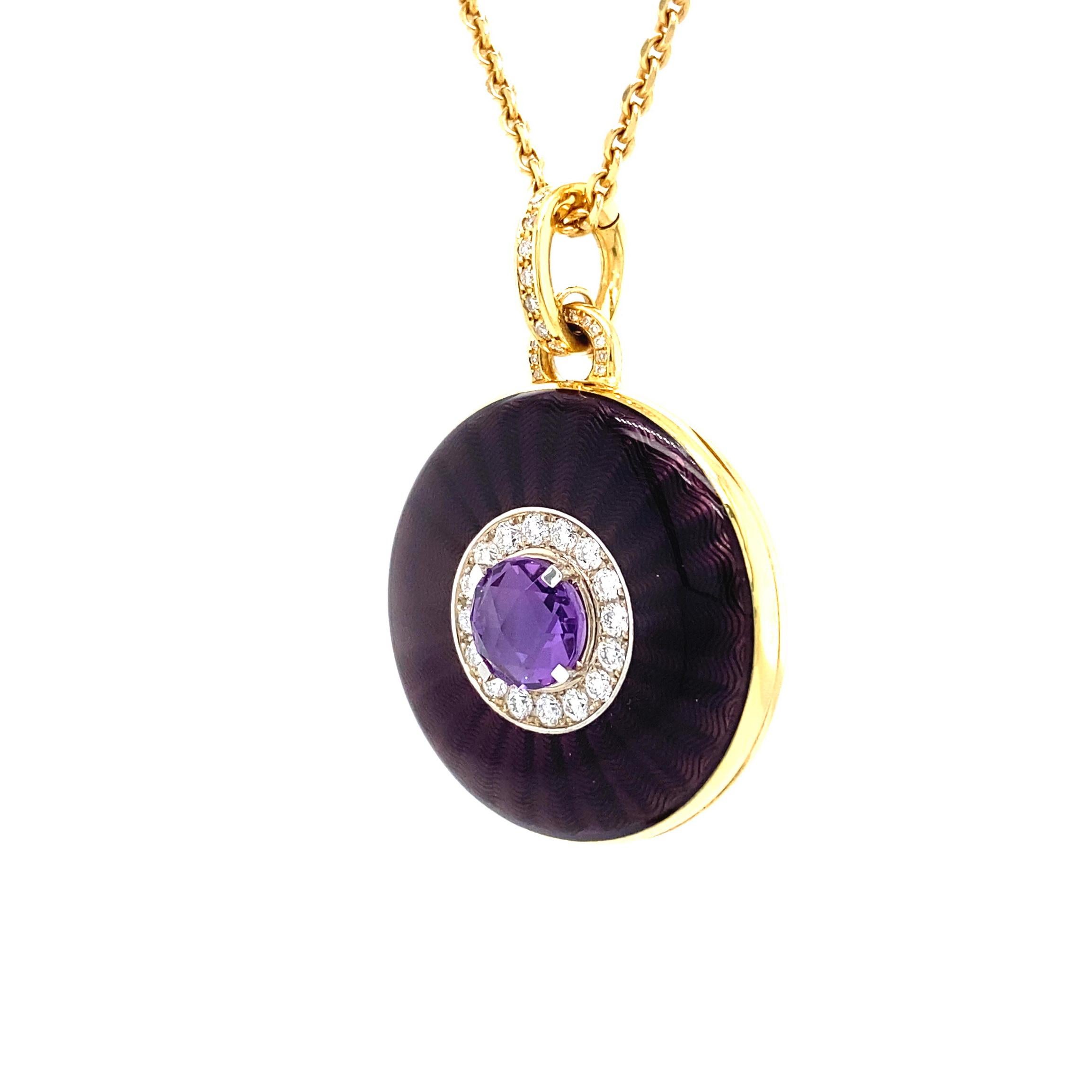 Victor Mayer customizable round locket pendant 18k yellow gold and white gold, Opera Collection, translucent purple vitreous enamel, guilloche, 37 diamonds, total 0.37 ct, G VS, brilliant cut, 1 amethyst, diameter app. 26.0 mm

About the creator
