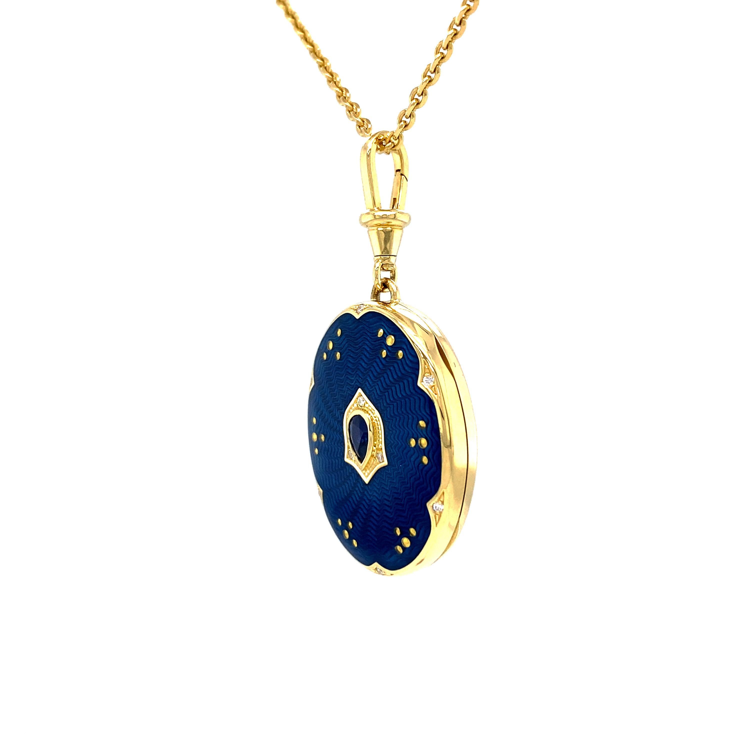 Oval Locket Necklace 18k YG Blue Vitreous Guilloche Enamel Sapphire 27 x 17 mm For Sale 5