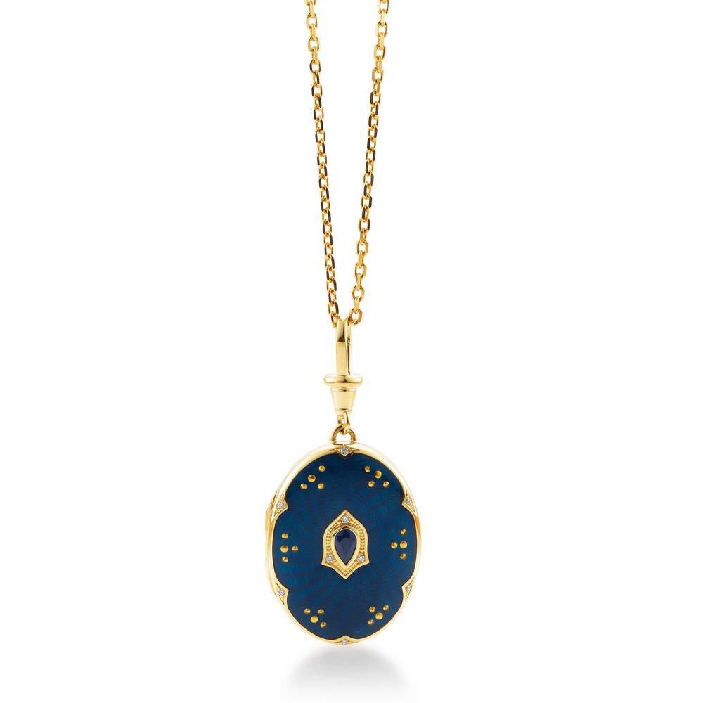 Victorian Oval Locket Necklace 18k YG Blue Vitreous Guilloche Enamel Sapphire 27 x 17 mm For Sale