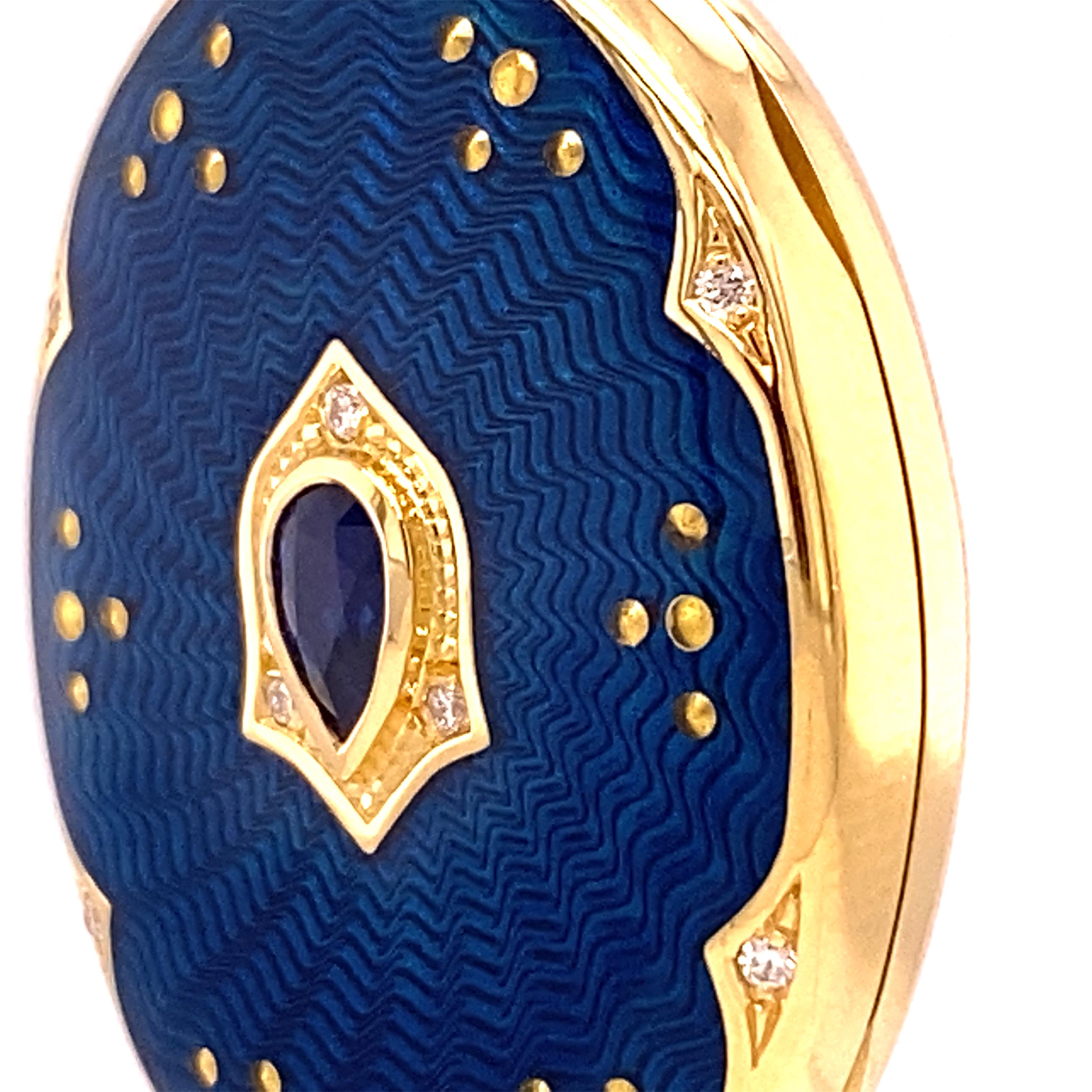 Oval Locket Necklace 18k YG Blue Vitreous Guilloche Enamel Sapphire 27 x 17 mm For Sale 6