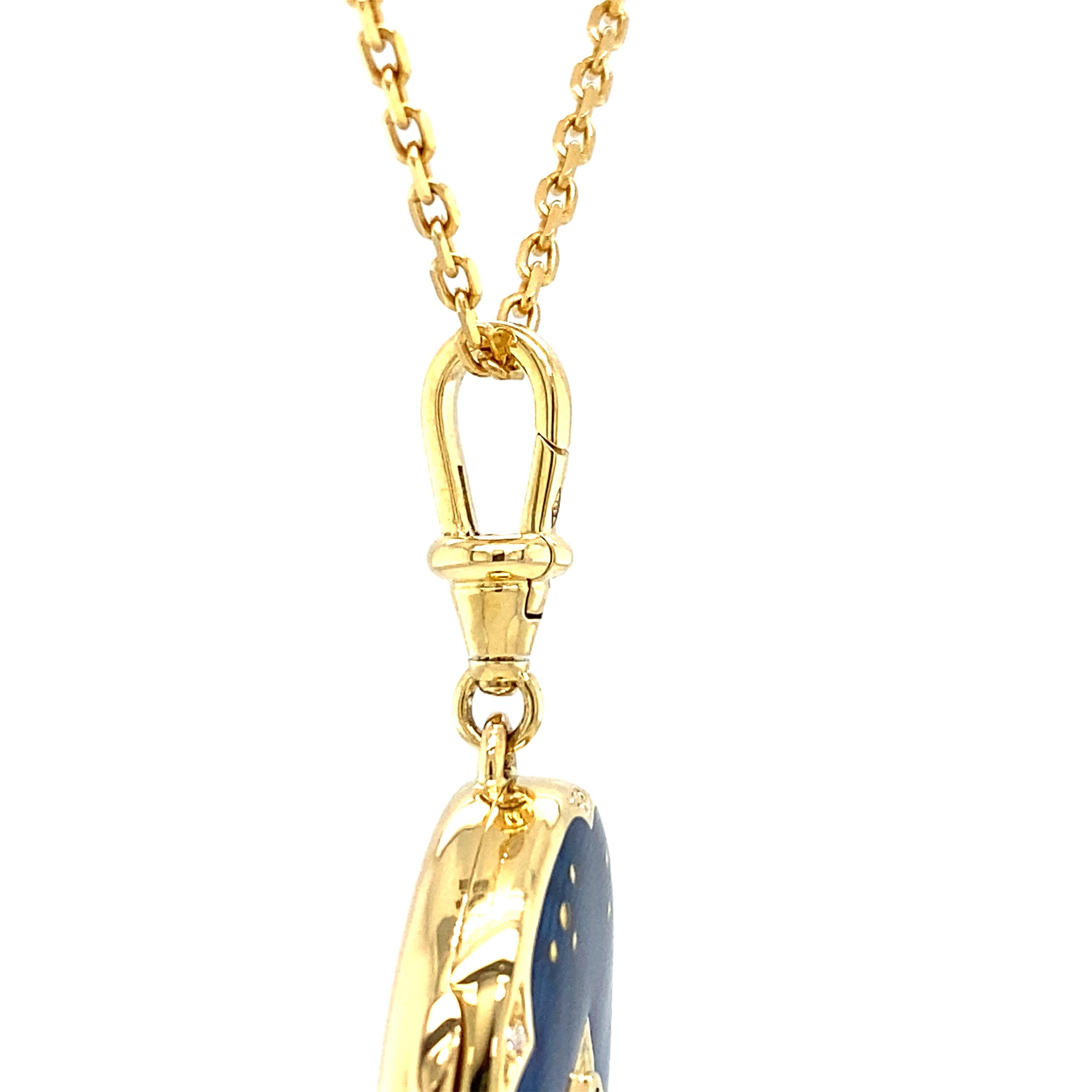 Pear Cut Oval Locket Necklace 18k YG Blue Vitreous Guilloche Enamel Sapphire 27 x 17 mm For Sale