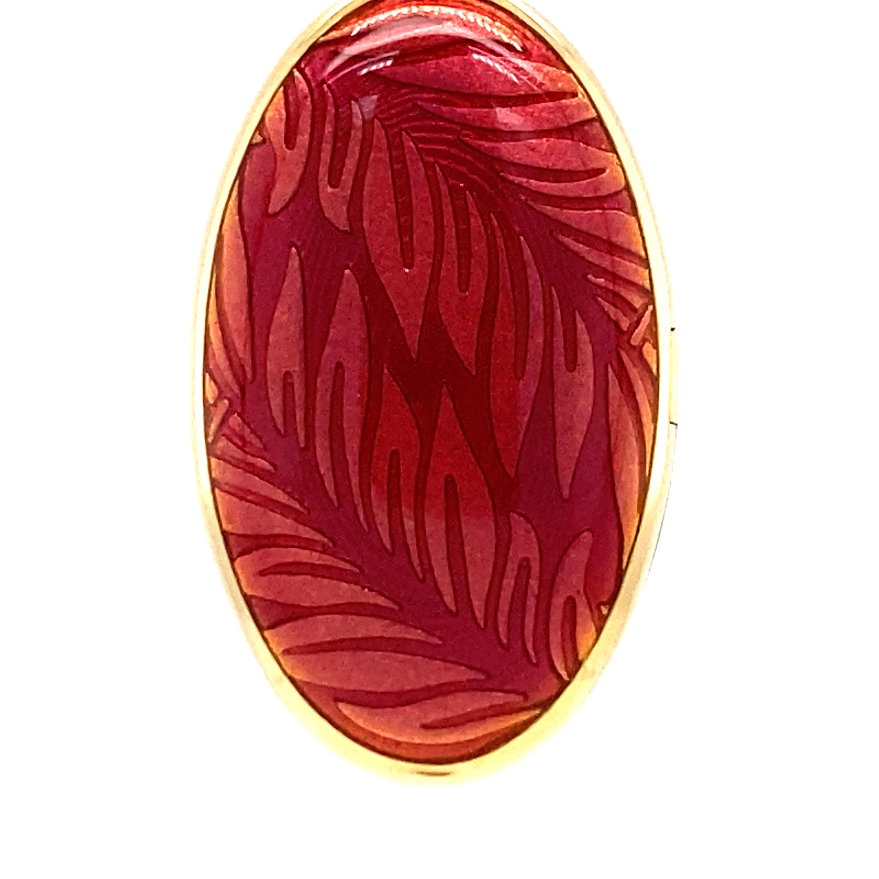 Oval Floral Locket Pendant Necklace 18k Yellow Gold Red/Orange Enamel 3 Diamonds For Sale 2