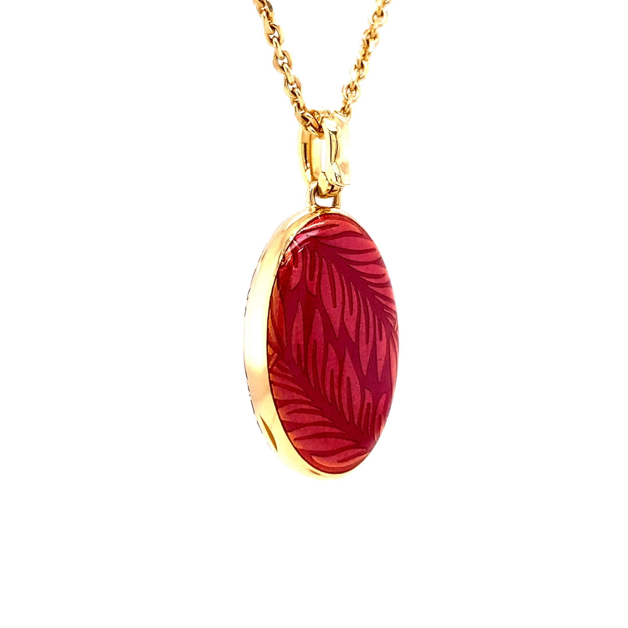 Arts and Crafts Oval Floral Locket Pendant Necklace 18k Yellow Gold Red/Orange Enamel 3 Diamonds For Sale