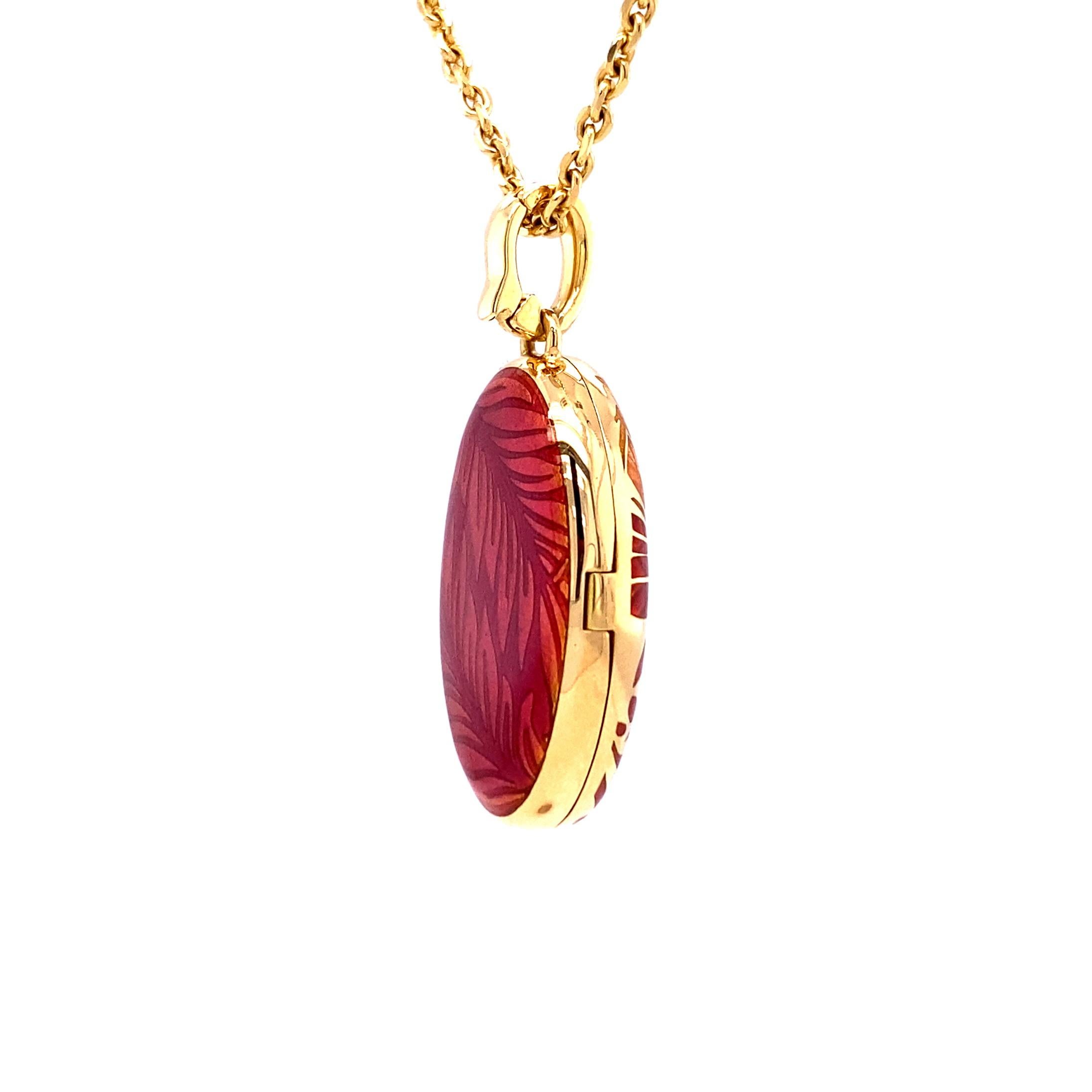 Brilliant Cut Oval Floral Locket Pendant Necklace 18k Yellow Gold Red/Orange Enamel 3 Diamonds For Sale