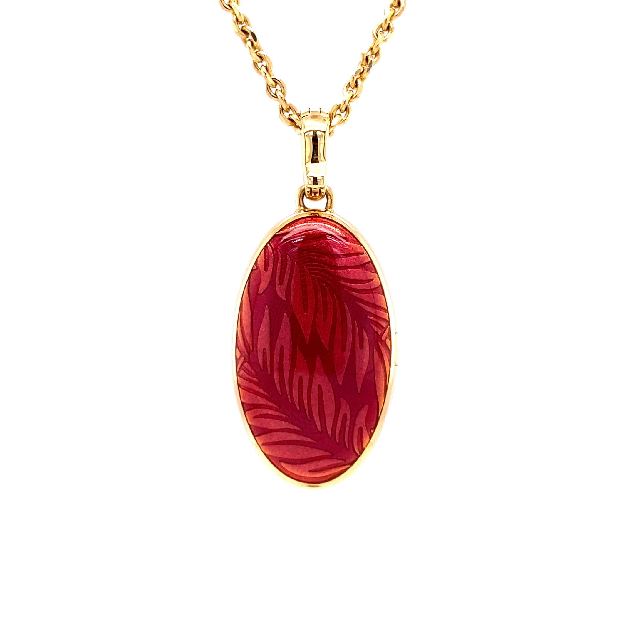 Oval Floral Locket Pendant Necklace 18k Yellow Gold Red/Orange Enamel 3 Diamonds In New Condition For Sale In Pforzheim, DE