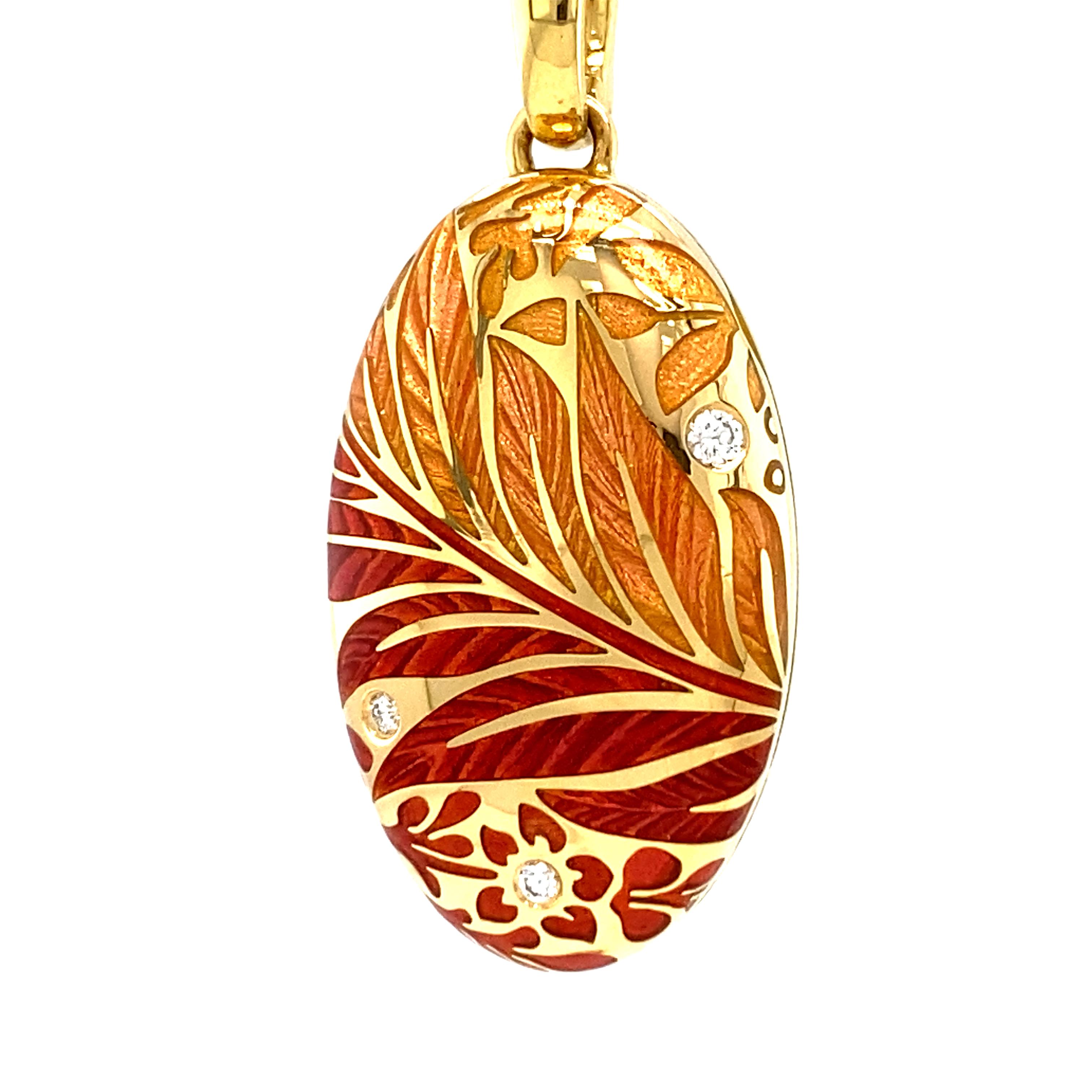 Women's Oval Floral Locket Pendant Necklace 18k Yellow Gold Red/Orange Enamel 3 Diamonds For Sale