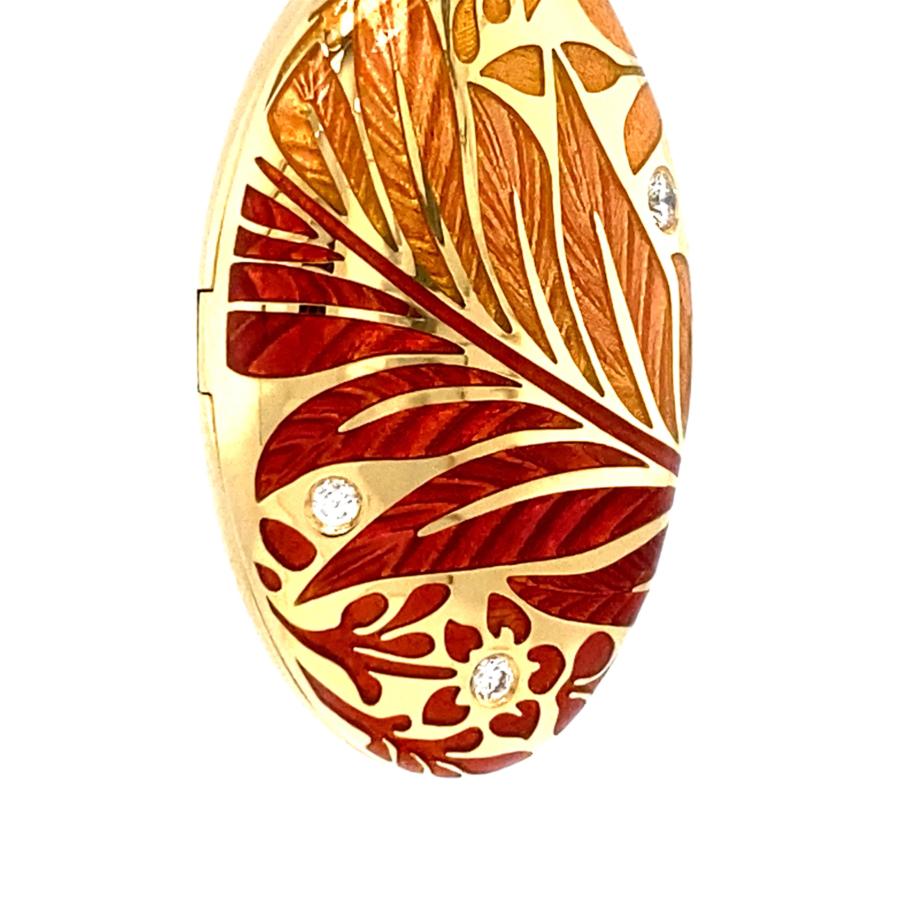 Oval Floral Locket Pendant Necklace 18k Yellow Gold Red/Orange Enamel 3 Diamonds For Sale 1