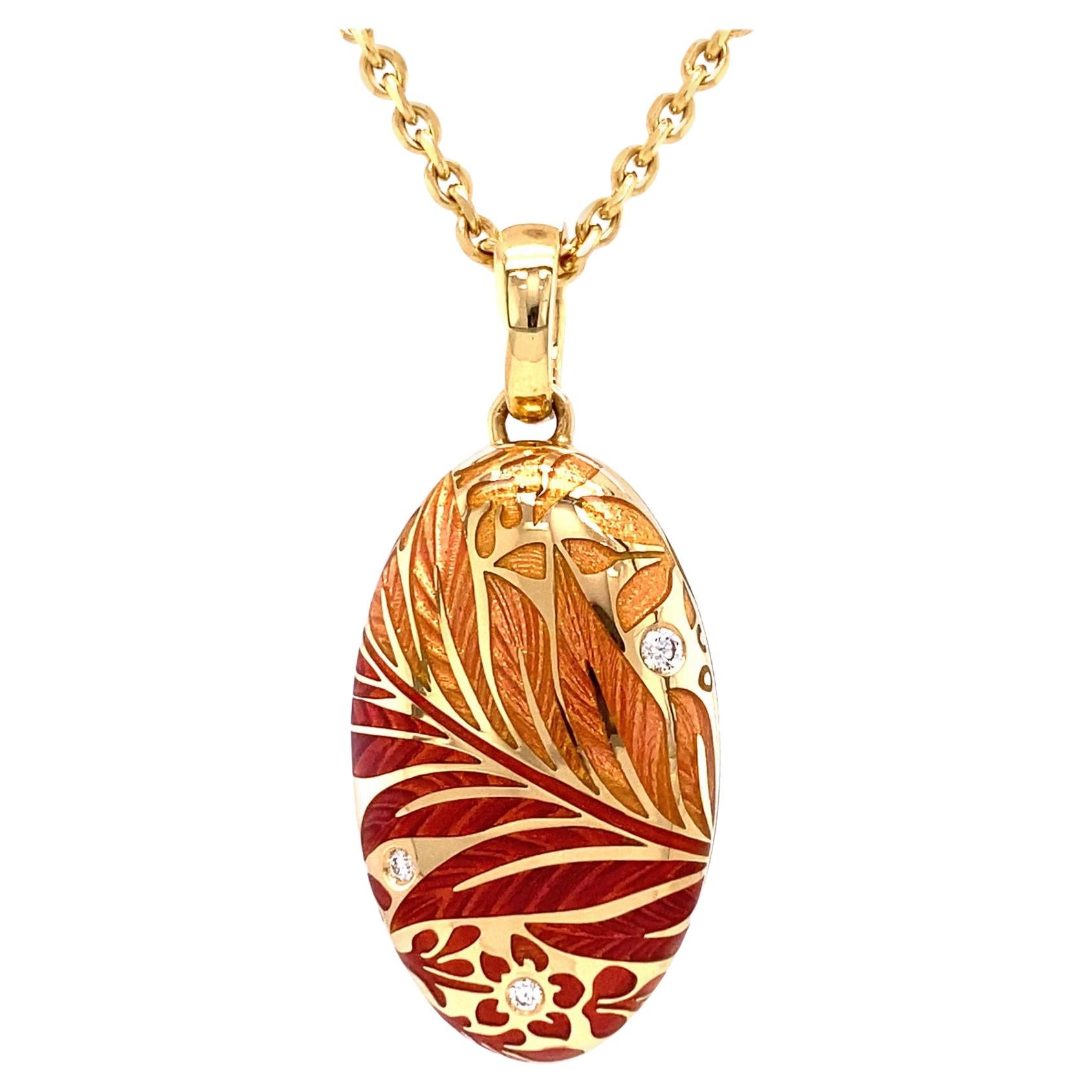 Oval Floral Locket Pendant Necklace 18k Yellow Gold Red/Orange Enamel 3 Diamonds For Sale
