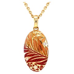 Oval Floral Locket Pendant Necklace 18k Yellow Gold Red/Orange Enamel 3 Diamonds