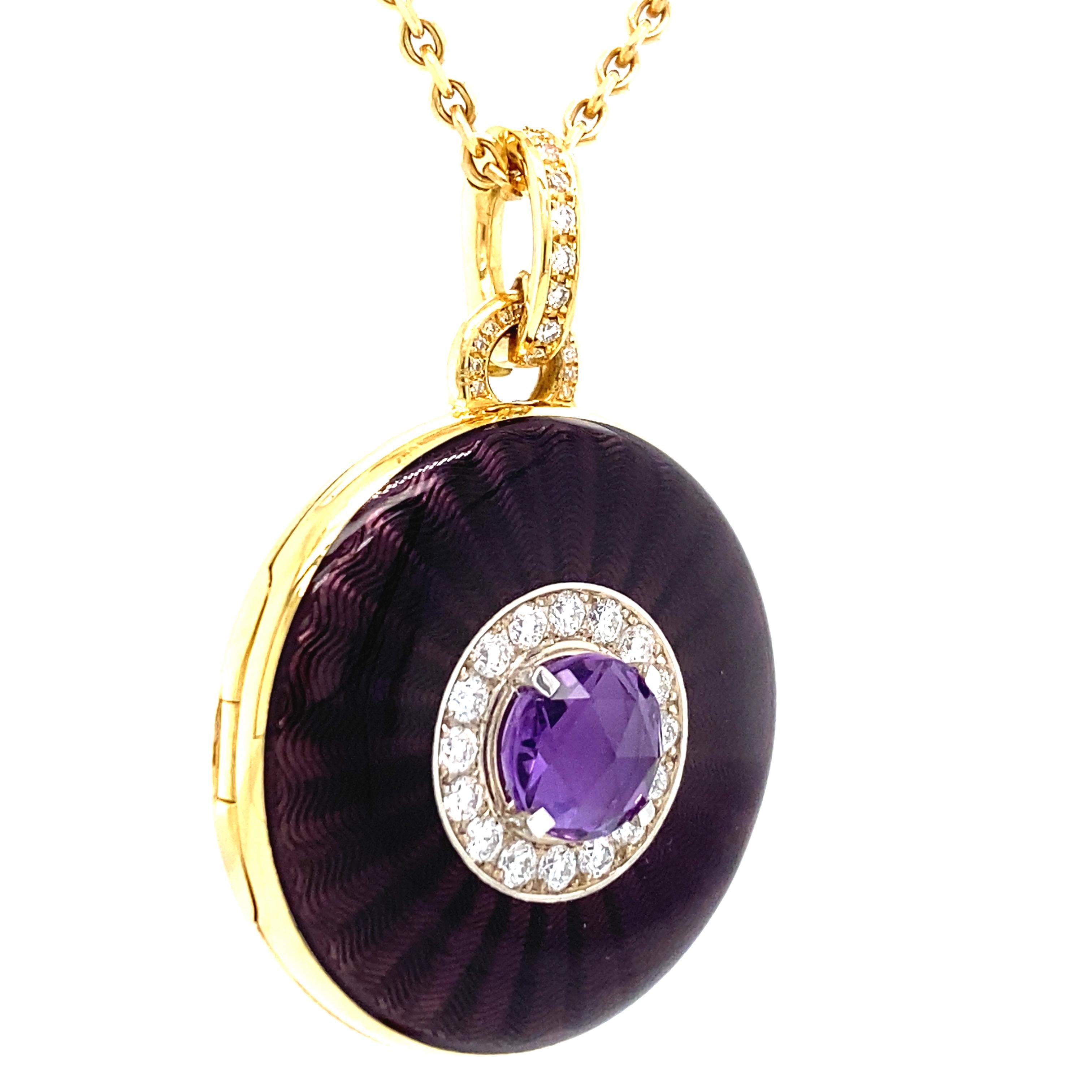 Brilliant Cut Locket Pendant Necklace 18k Yellow/White Gold Purple Enamel 37 Diamonds Amethyst For Sale