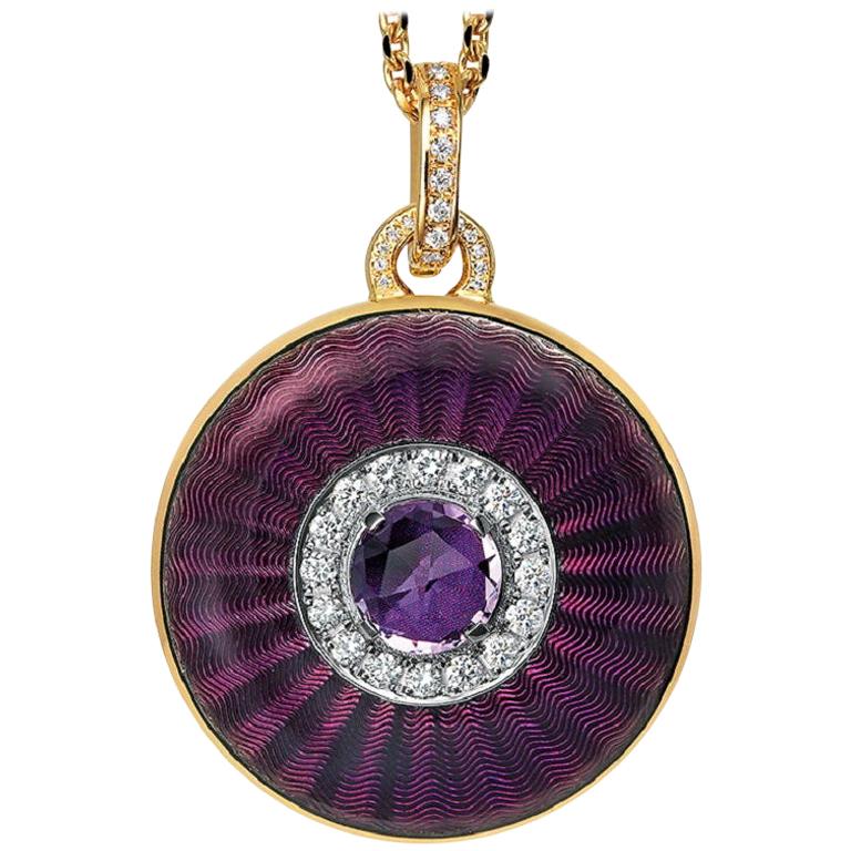 Locket Pendant Necklace 18k Yellow/White Gold Purple Enamel 37 Diamonds Amethyst For Sale
