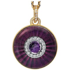 Round Locket Necklace 18k Yellow Gold Purple Enamel Amethyst 37 Diamonds