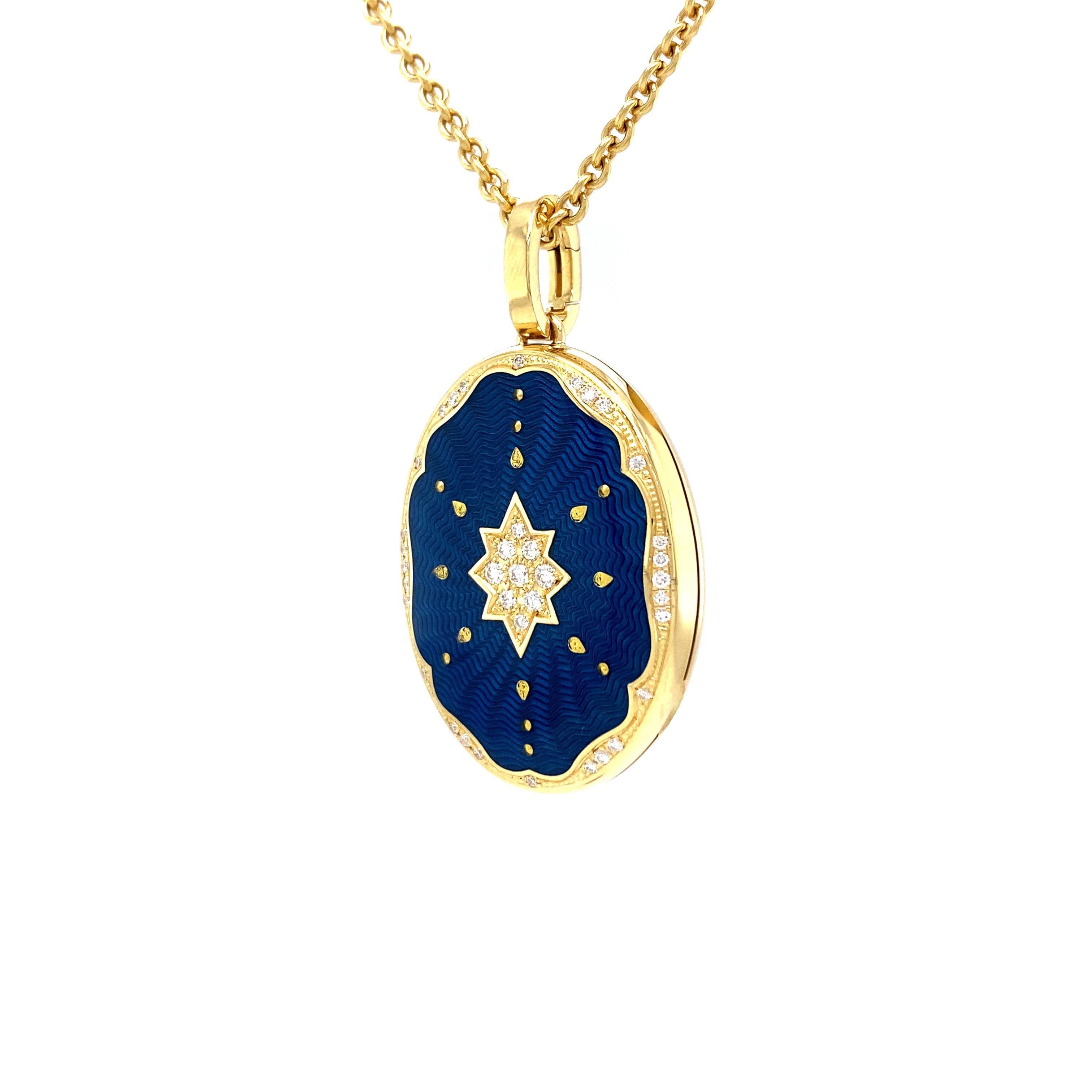 Victor Mayer oval pendant locket necklace 18k yellow gold, Victoria collection, peacock blue vitreous enamel, gold paillons, 37 diamonds, total 0.29 ct, G VS, brilliant cut, measurements app. 25 mm x 35 mm

About the creator Victor Mayer
Victor