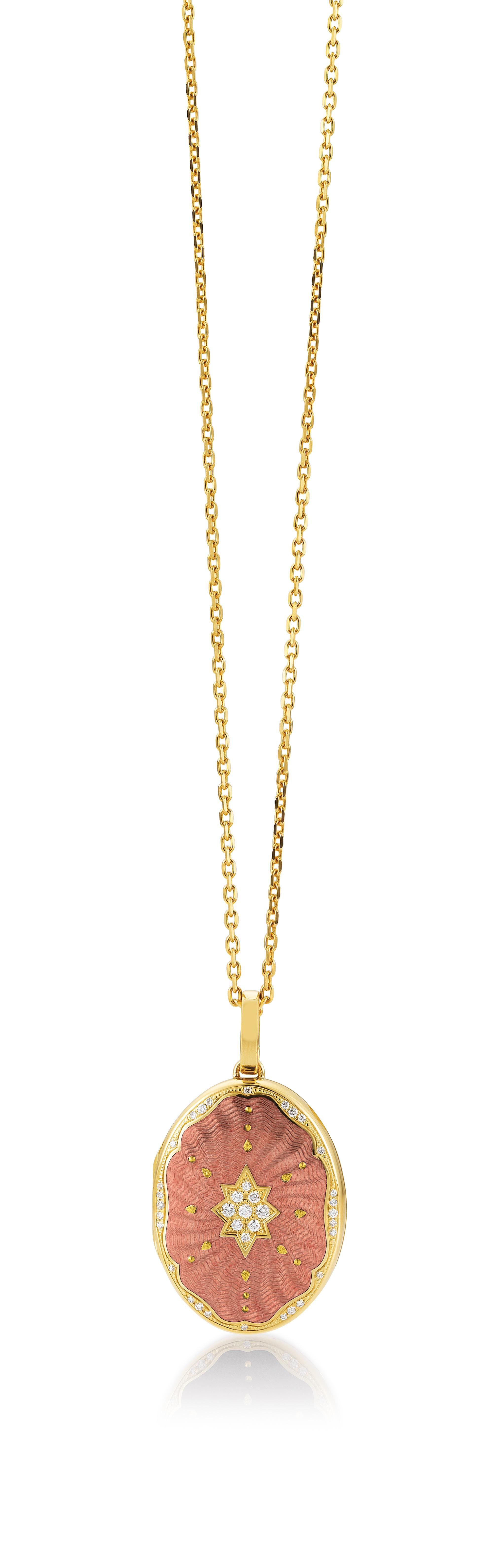 Brilliant Cut Oval Locket Pendant Necklace 18k Yellow Gold Rose Enamel 37 Diamonds 0.29 ct GVS For Sale