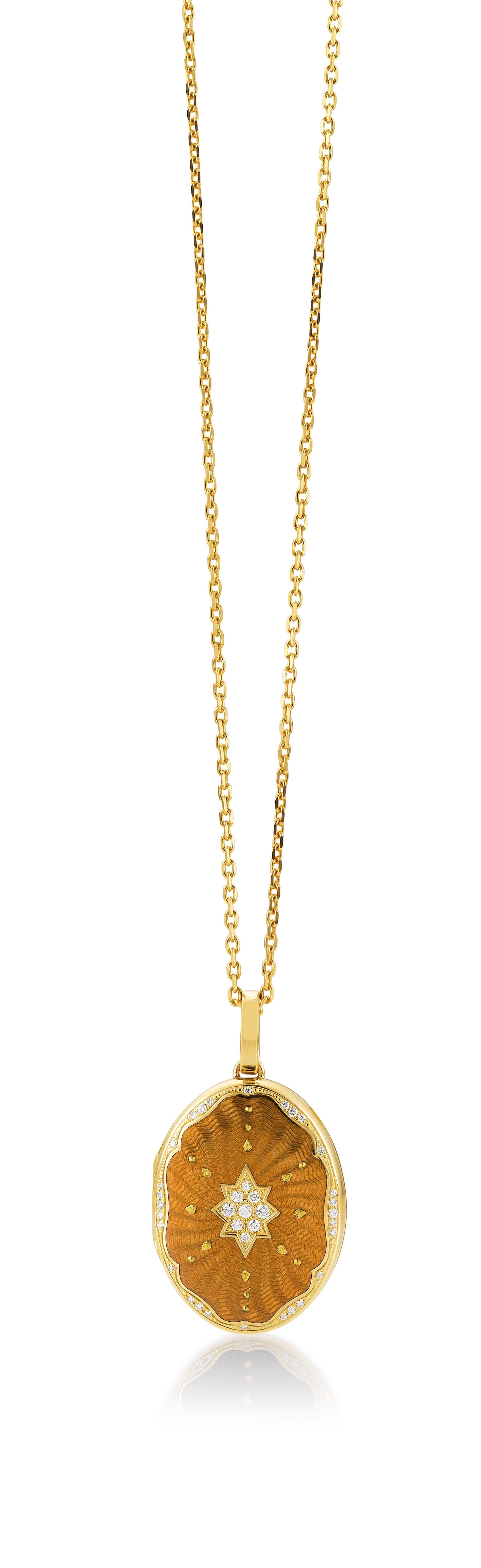 Brilliant Cut Oval Locket Pendant Necklace 18k Yellow Gold Yellow Enamel 37 Diamonds 0.29 ct For Sale