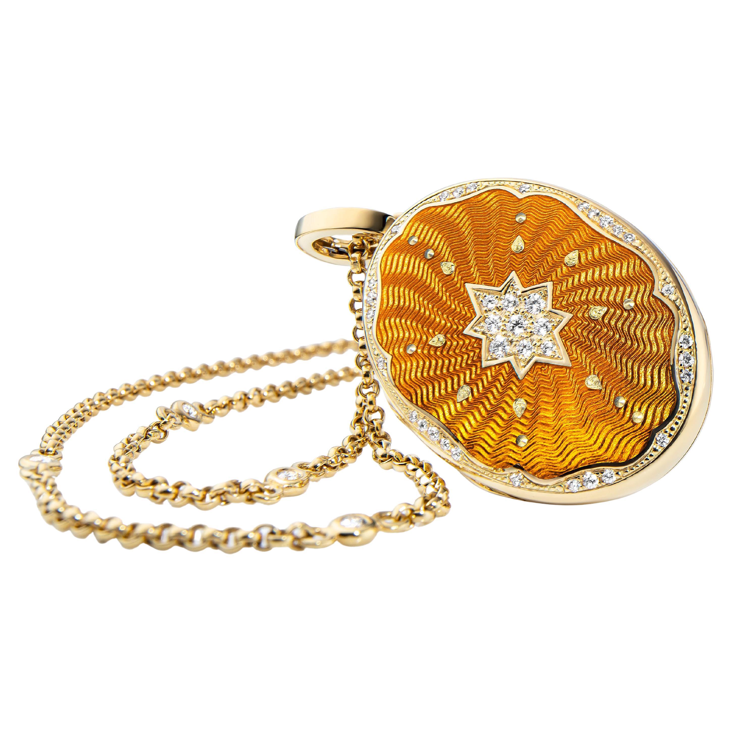 Victor Mayer oval locket pendant 18k yellow gold, Victoria collection, translucent autumn yellow vitreous enamel, gold paillons, 37 diamonds, total 0.29 ct, G VS, brilliant cut, measurements app. 25 mm x 35 mm

About the creator Victor Mayer
Victor