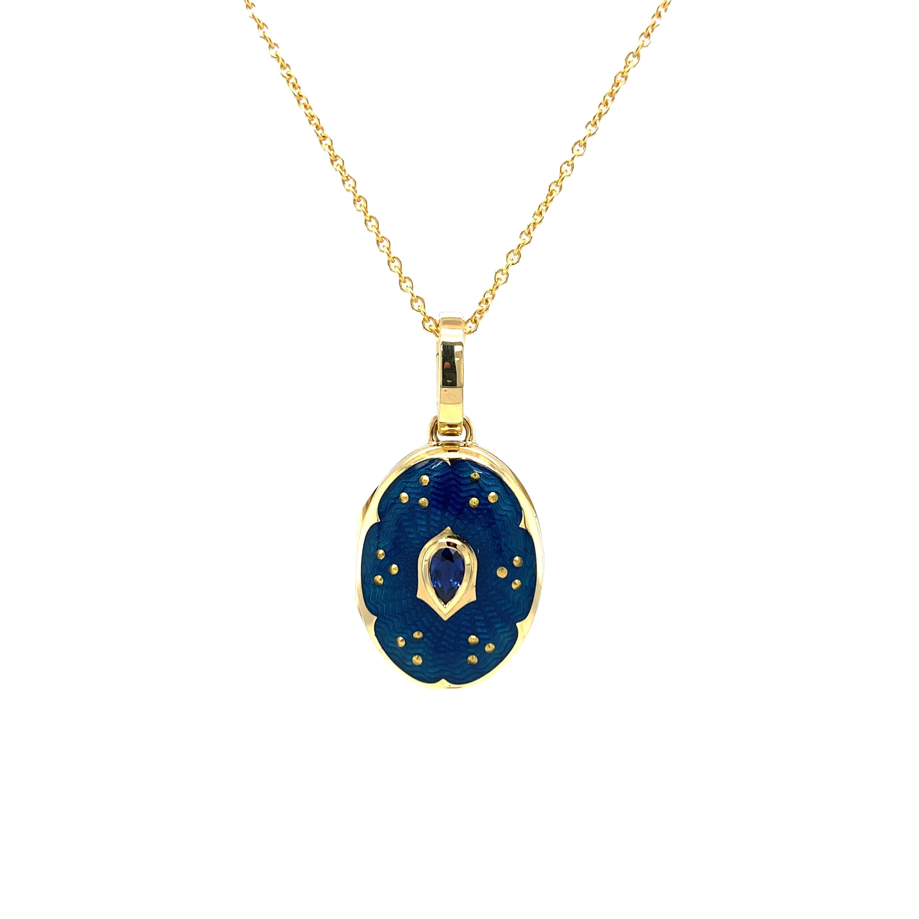  Oval Locket Pendant - 18k Yellow Gold - Blue Enamel with Paillons - 1 Sapphire In New Condition For Sale In Pforzheim, DE