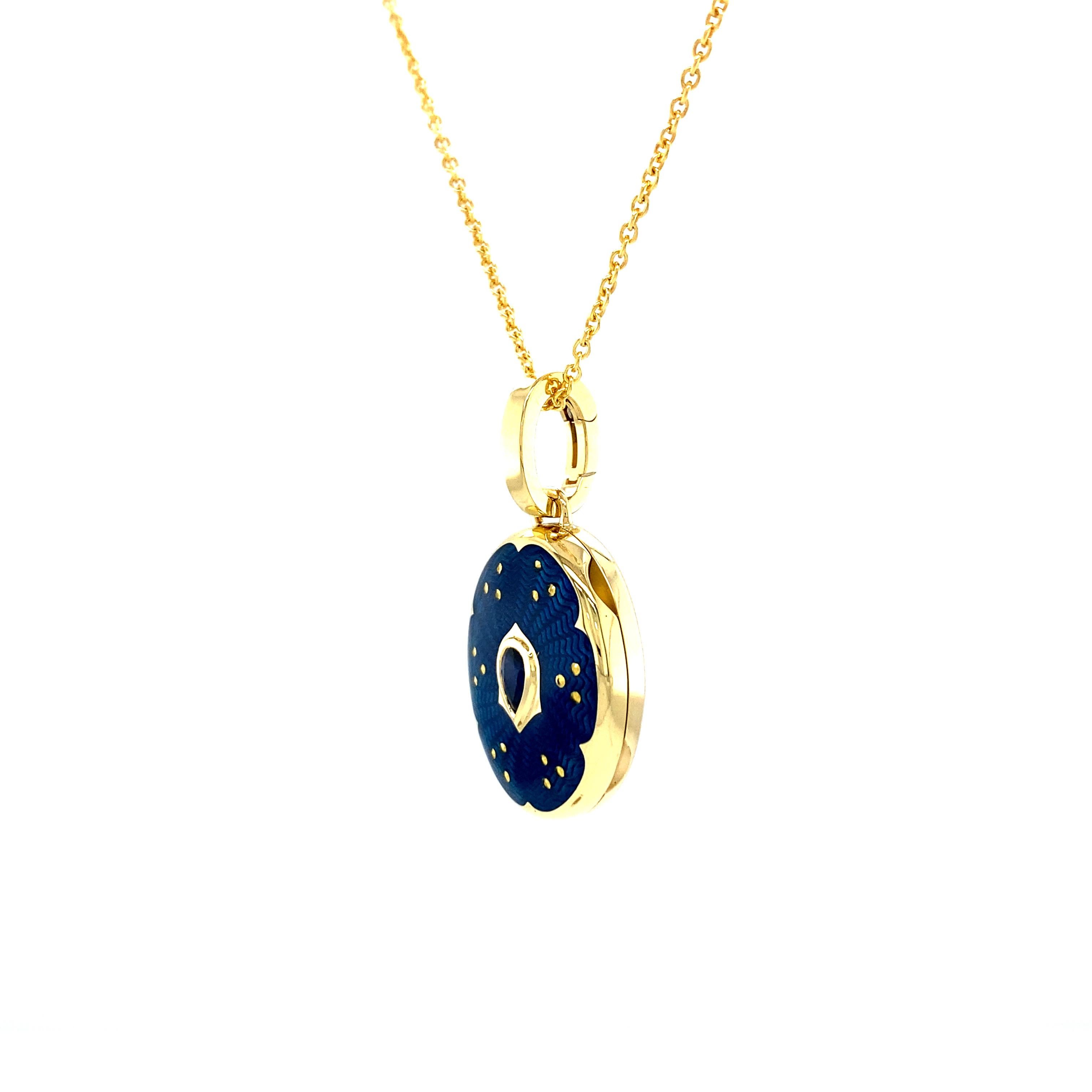 Women's  Oval Locket Pendant - 18k Yellow Gold - Blue Enamel with Paillons - 1 Sapphire For Sale