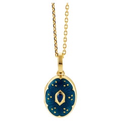 Oval Locket Pendant - 18k Yellow Gold - Blue Enamel with Paillons - 1 Sapphire