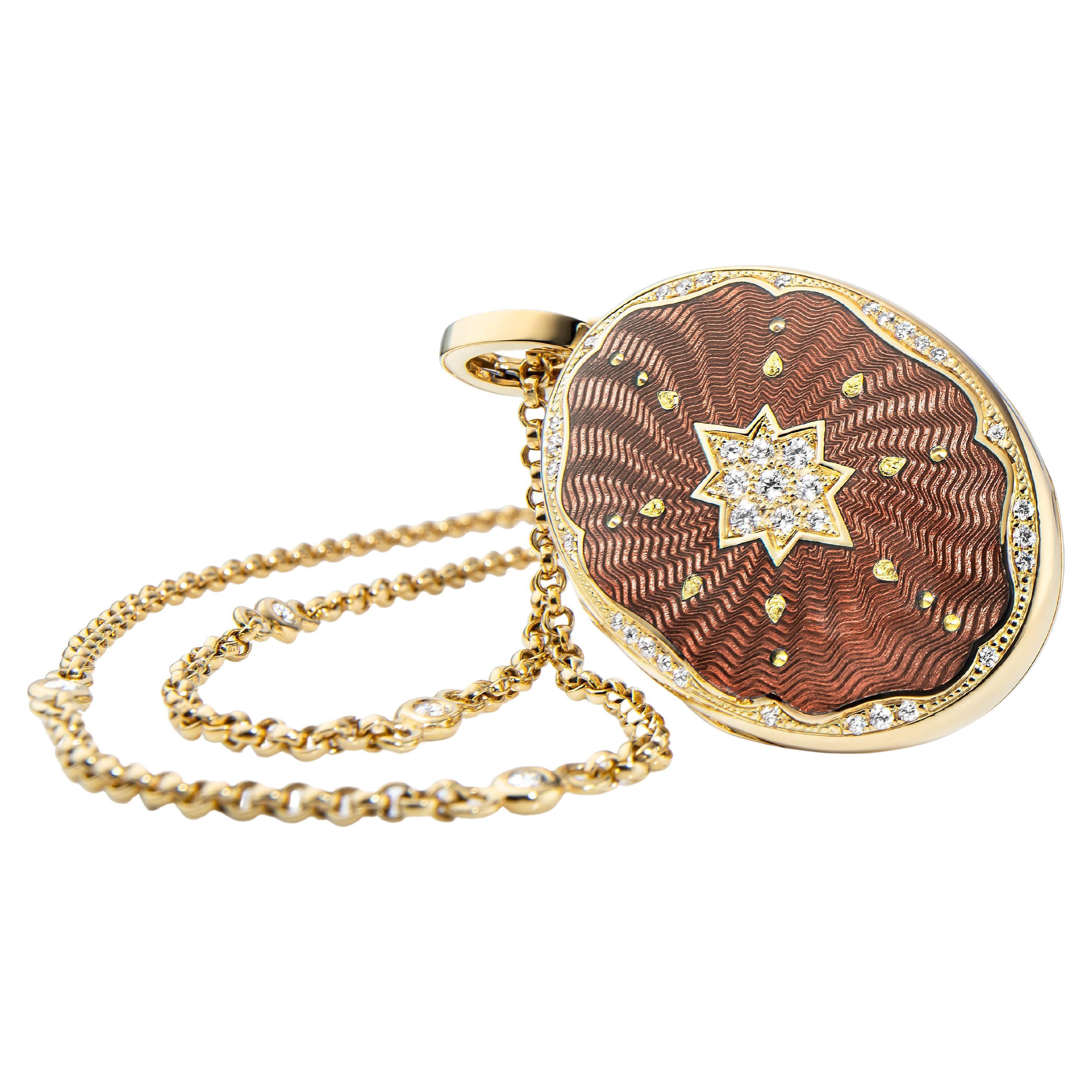 Oval Locket Pendant Necklace 18k Yellow Gold Duskypink Enamel 37 Diamonds 0.29ct For Sale