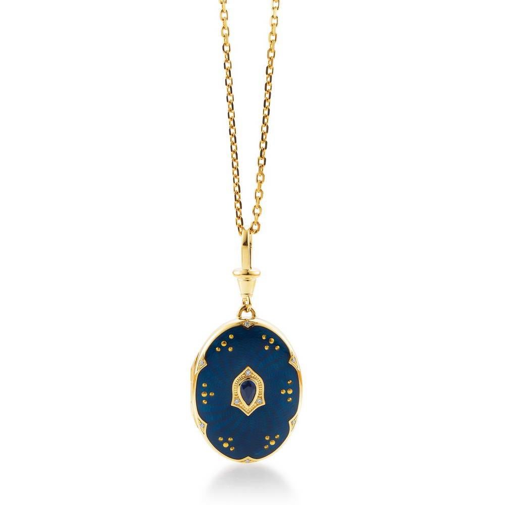 Victorian Oval Locket Pendant 18k Yellow Gold Blue Vitreous Enamel 9 Diamonds 1 Sapphire For Sale