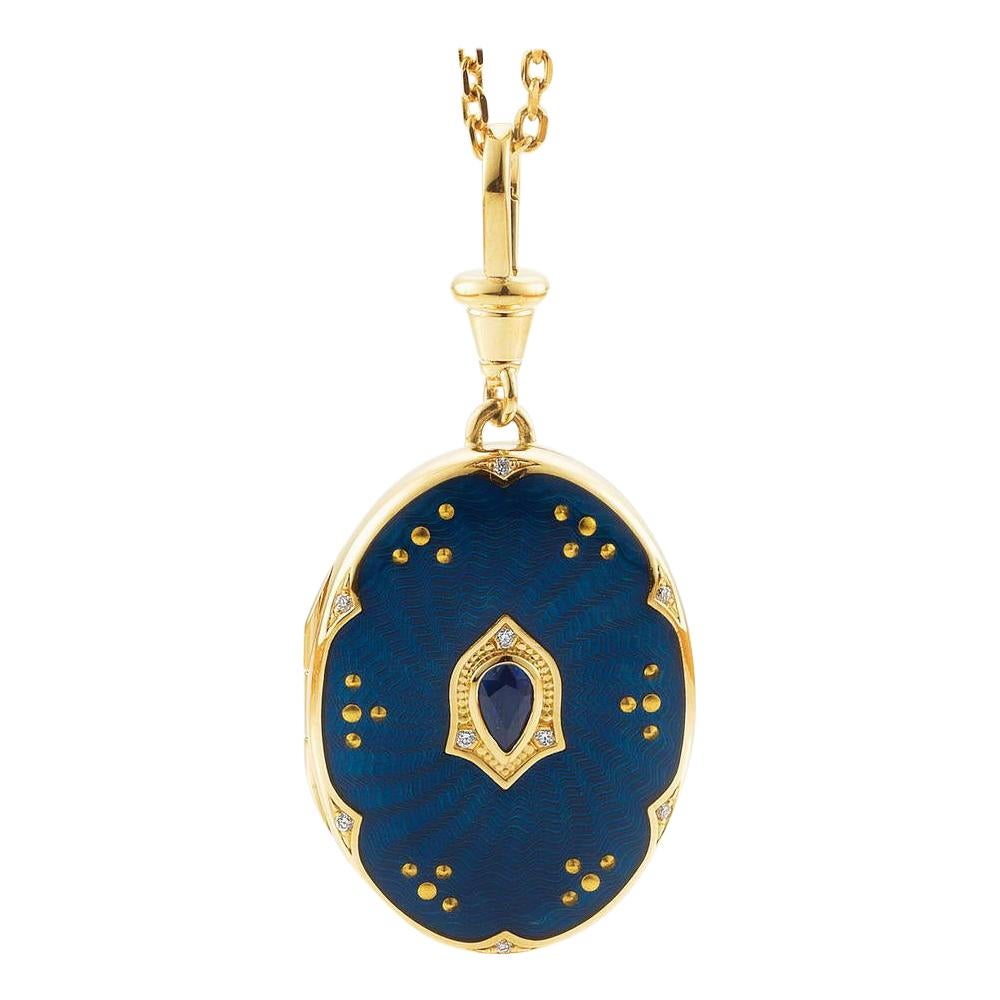 Oval Locket Pendant 18k Yellow Gold Blue Vitreous Enamel 9 Diamonds 1 Sapphire