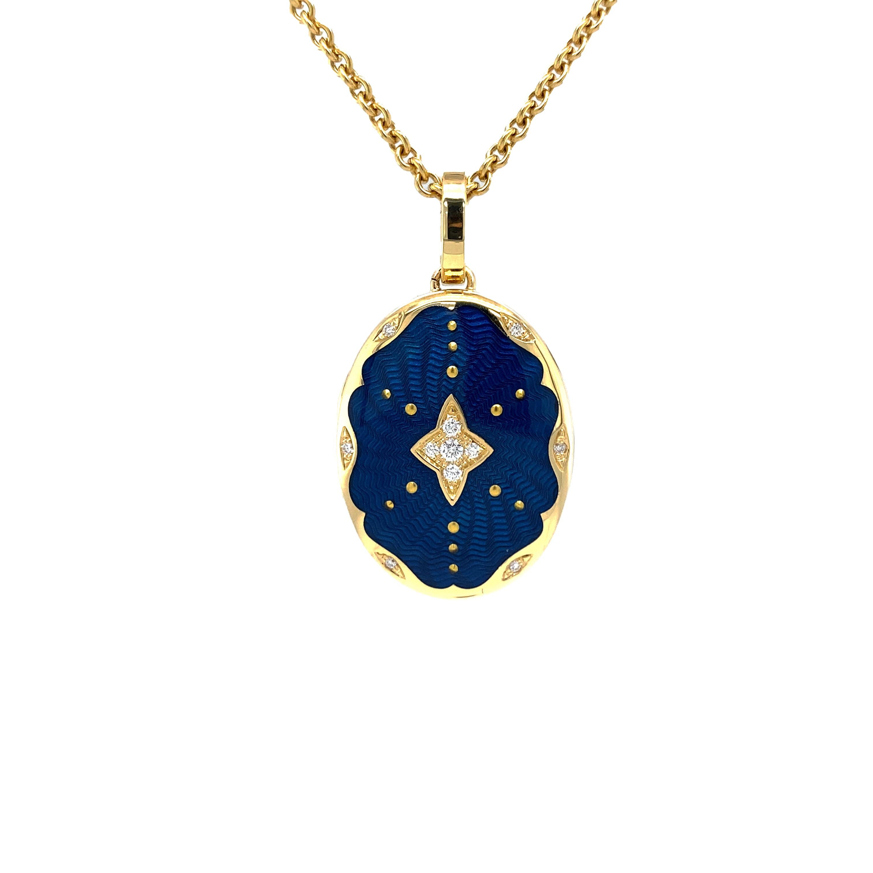 Victor Mayer customizable oval locket pendant with star, 18k yellow gold, Victoria Collection, translucent peacock blue vitreous enamel, gold paillons, 11 diamonds total 0.12 ct, G VS brilliant cut, measurements app. 17.0 mm x 27.0 mm

About the