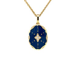 Oval Locket Pendant Star 18k Yellow Gold Blue Vitreous Enamel 11 Diamonds 0.12ct