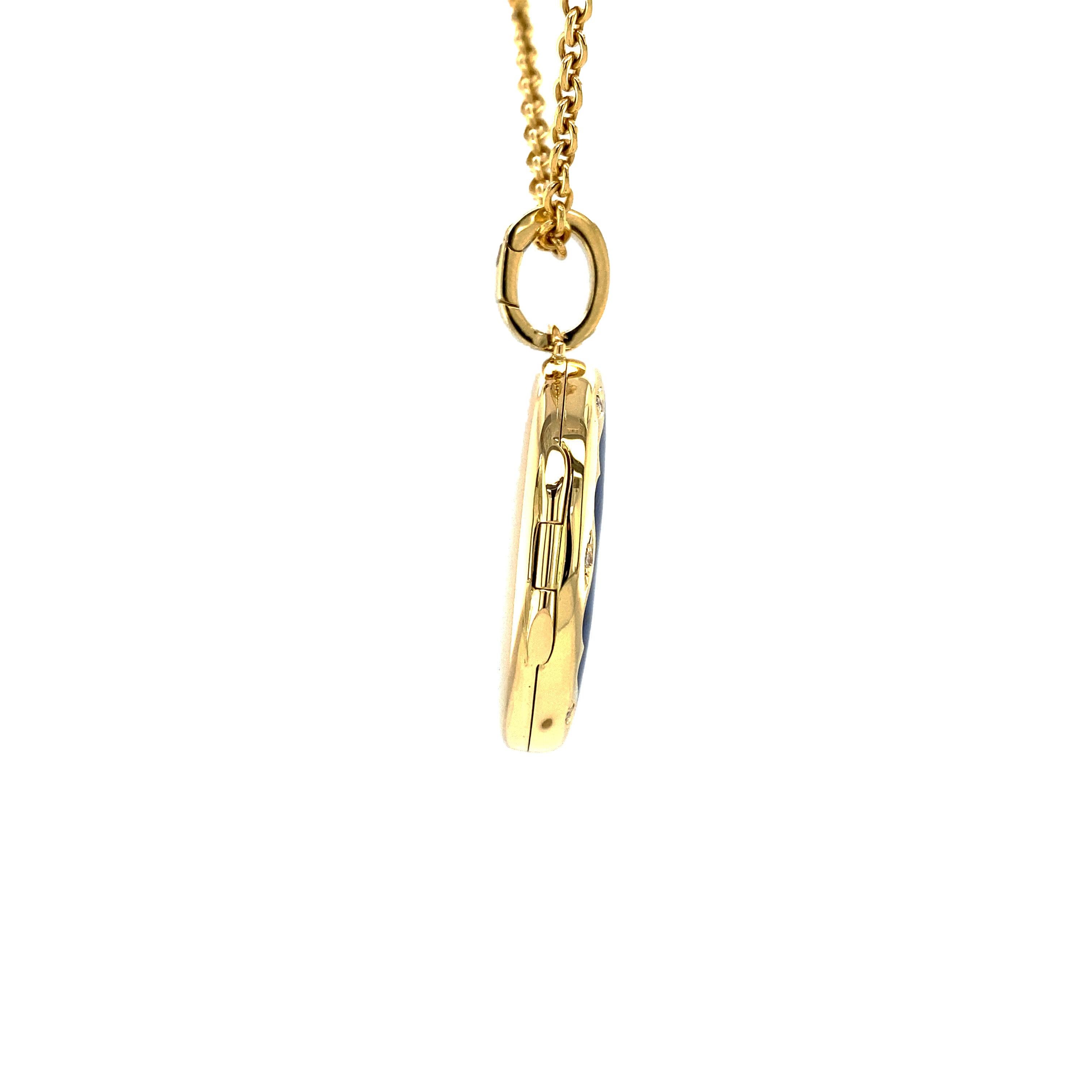 Contemporary Oval Locket Pendant Star 18k Yellow Gold Blue Vitreous Enamel 11 Diamonds 0.12ct For Sale