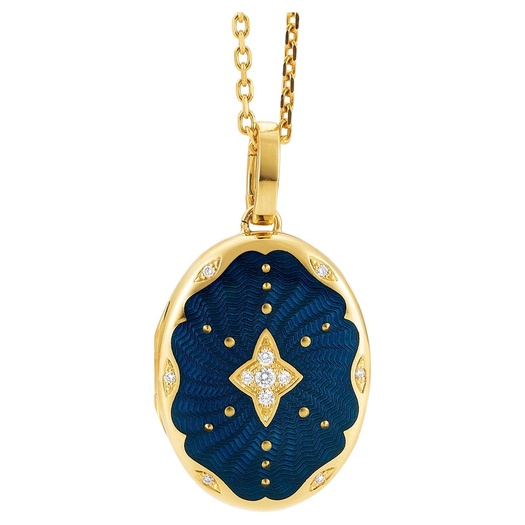 Oval Locket Pendant Star 18k Yellow Gold Blue Vitreous Enamel 11 Diamonds 0.12ct