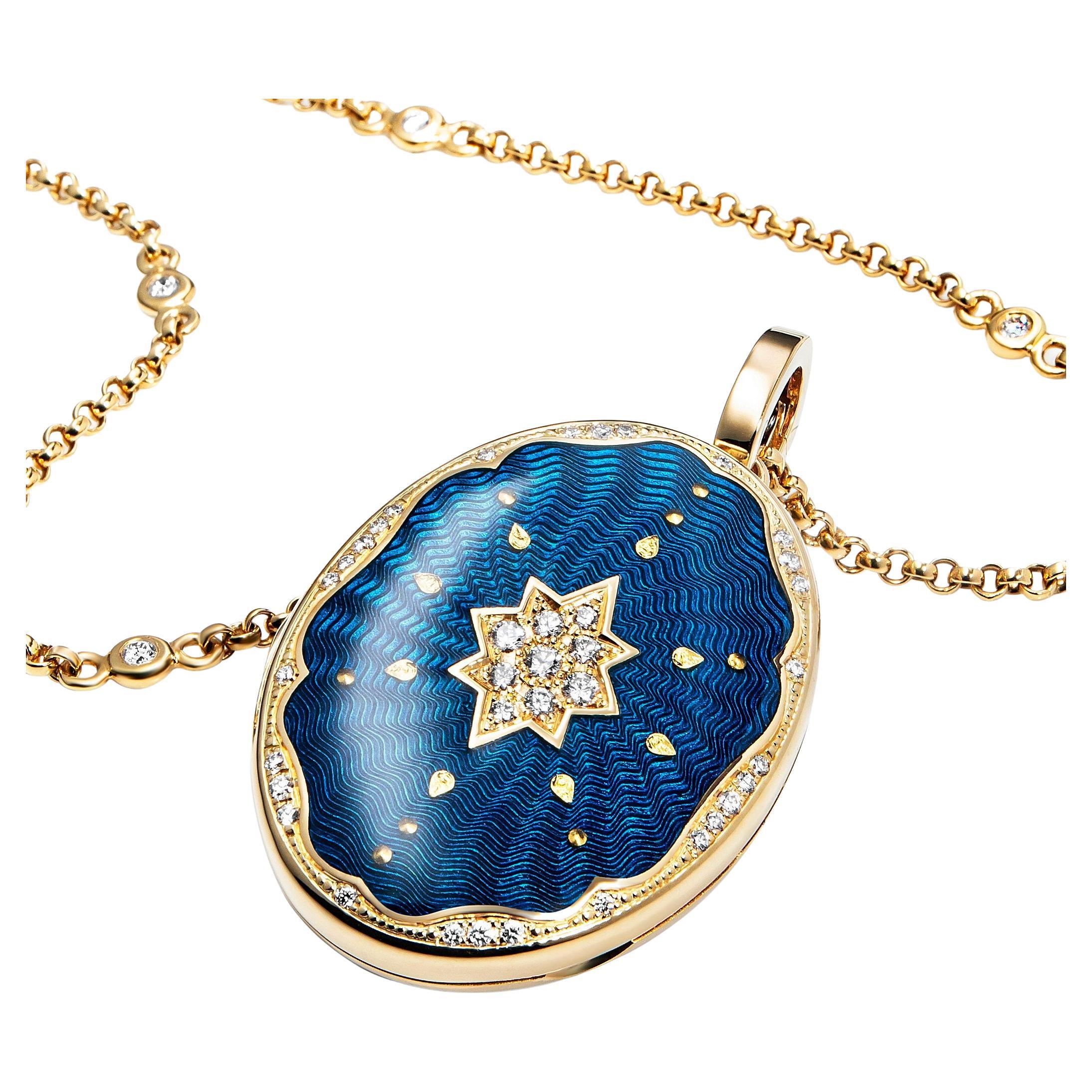 Victor Mayer oval pendant locket 18k yellow gold, Victoria collection, peacock blue vitreous enamel, gold paillons, 37 diamonds, total 0.29 ct, G VS, brilliant cut, measurements app. 25 mm x 35 mm

About the creator Victor Mayer
Victor Mayer is