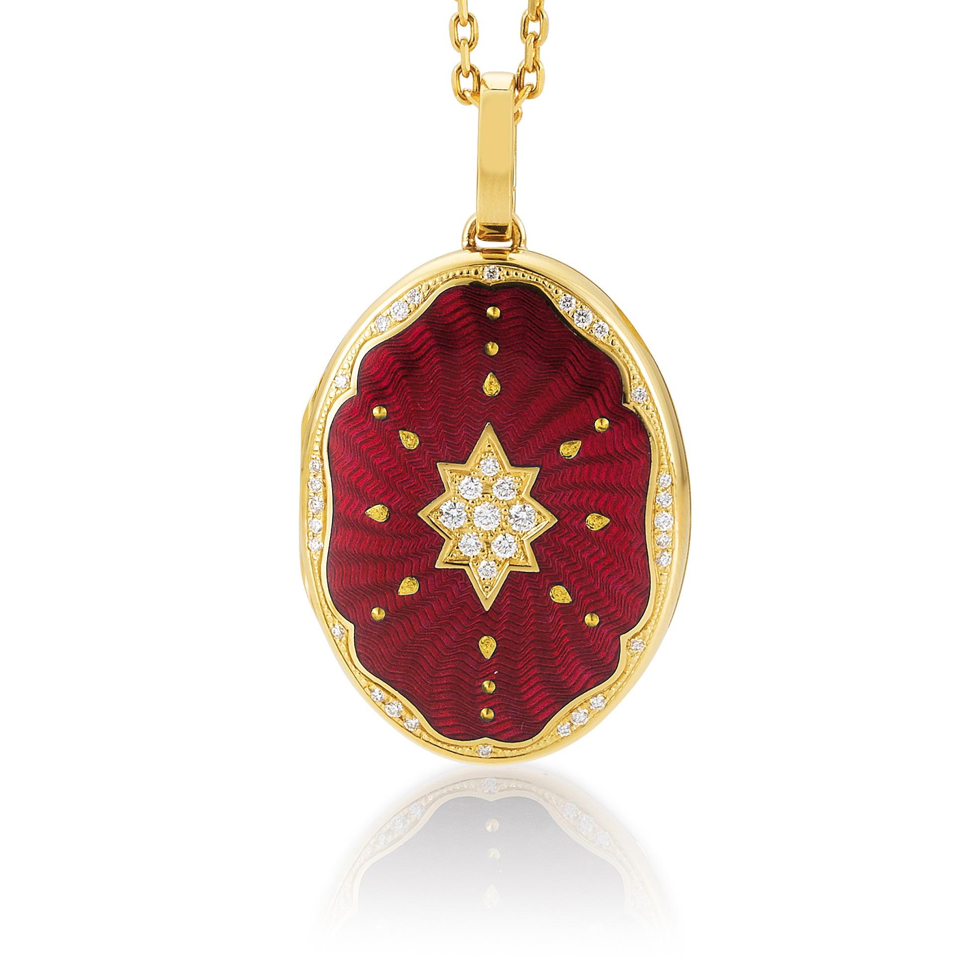 Victor Mayer oval locket pendant 18k yellow gold, Victoria collection, translucent red vitreous enamel, gold paillons, 37 diamonds, total 0.29 ct, G VS, brilliant cut, measurements app. 25 mm x 35 mm

About the creator Victor Mayer
Victor Mayer is