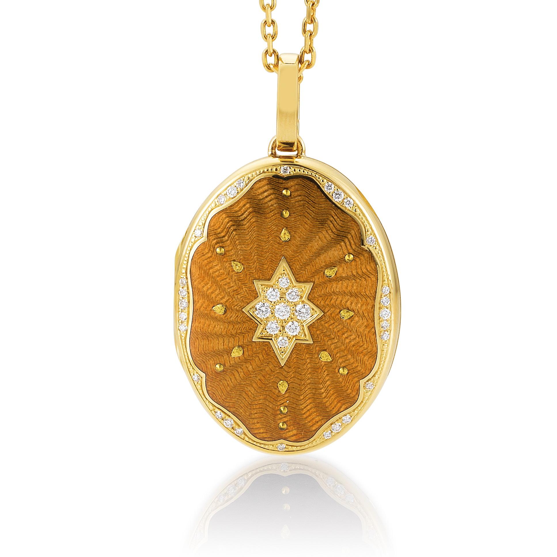 Victor Mayer oval locket pendant 18k yellow gold, Victoria collection, translucent autumn yellow vitreous enamel, gold paillons, 37 diamonds, total 0.29 ct, G VS, brilliant cut, measurements app. 25 mm x 35 mm

About the creator Victor Mayer
Victor