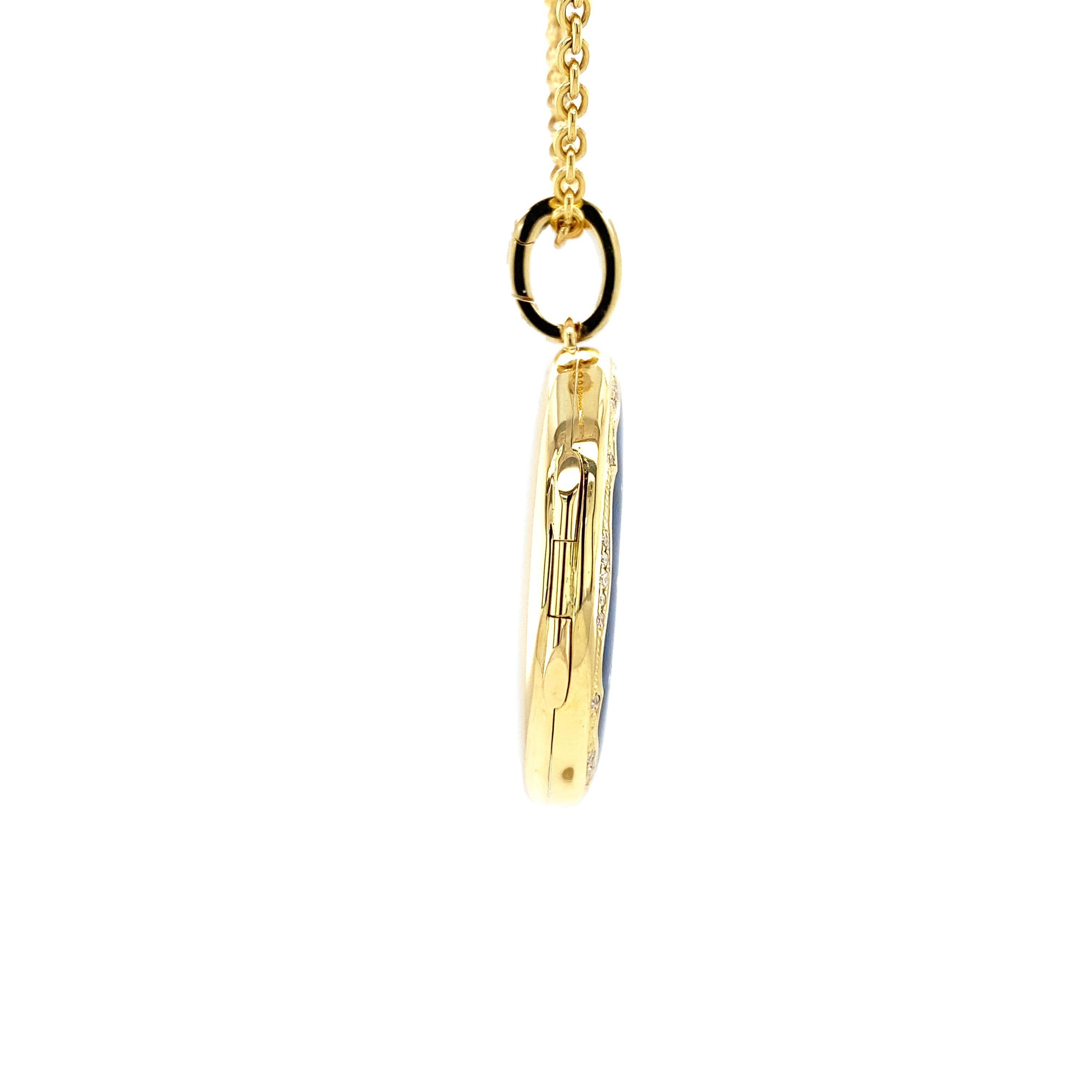 Oval Locket Pendant 18k Yellow Gold Blue Vitreous Enamel 37 Diamonds 0.29ct In New Condition For Sale In Pforzheim, DE